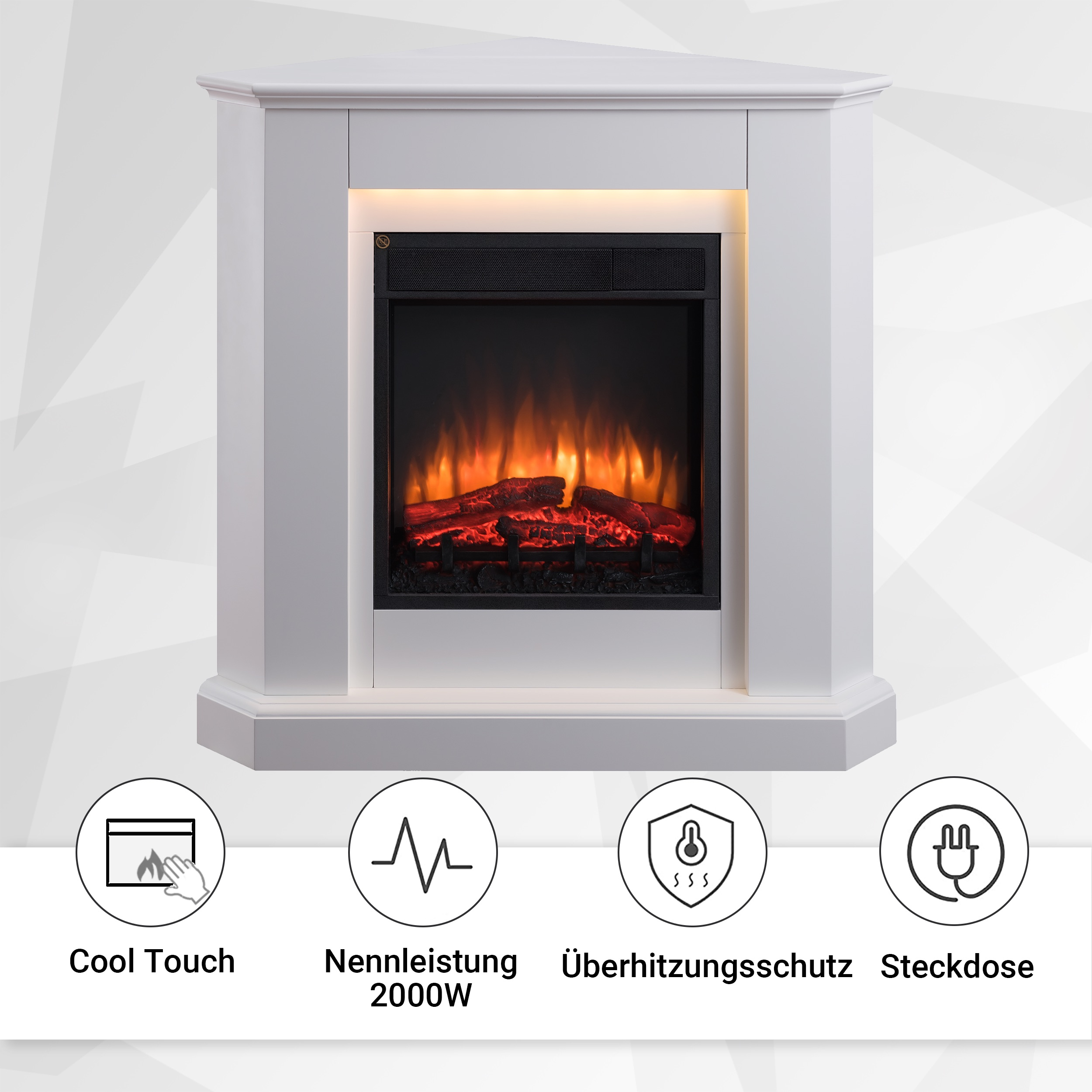 Weißer Eckkamin mit Feuereffekt. Symbole für Cool Touch, Heizleistung und Stecker.