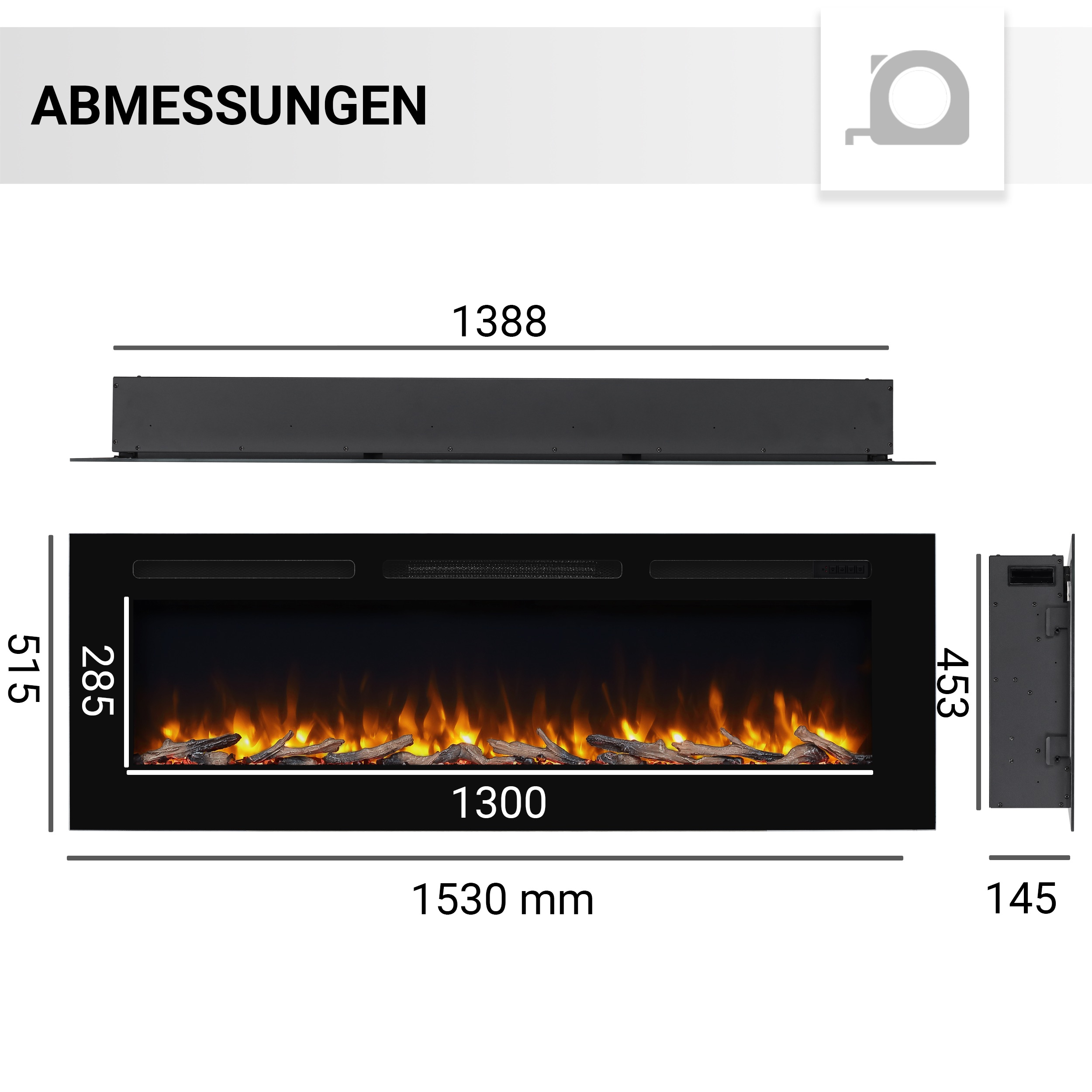 Abmessungen des Kamins. Es zeigt Längen-, Breiten- und Höhenmaße.