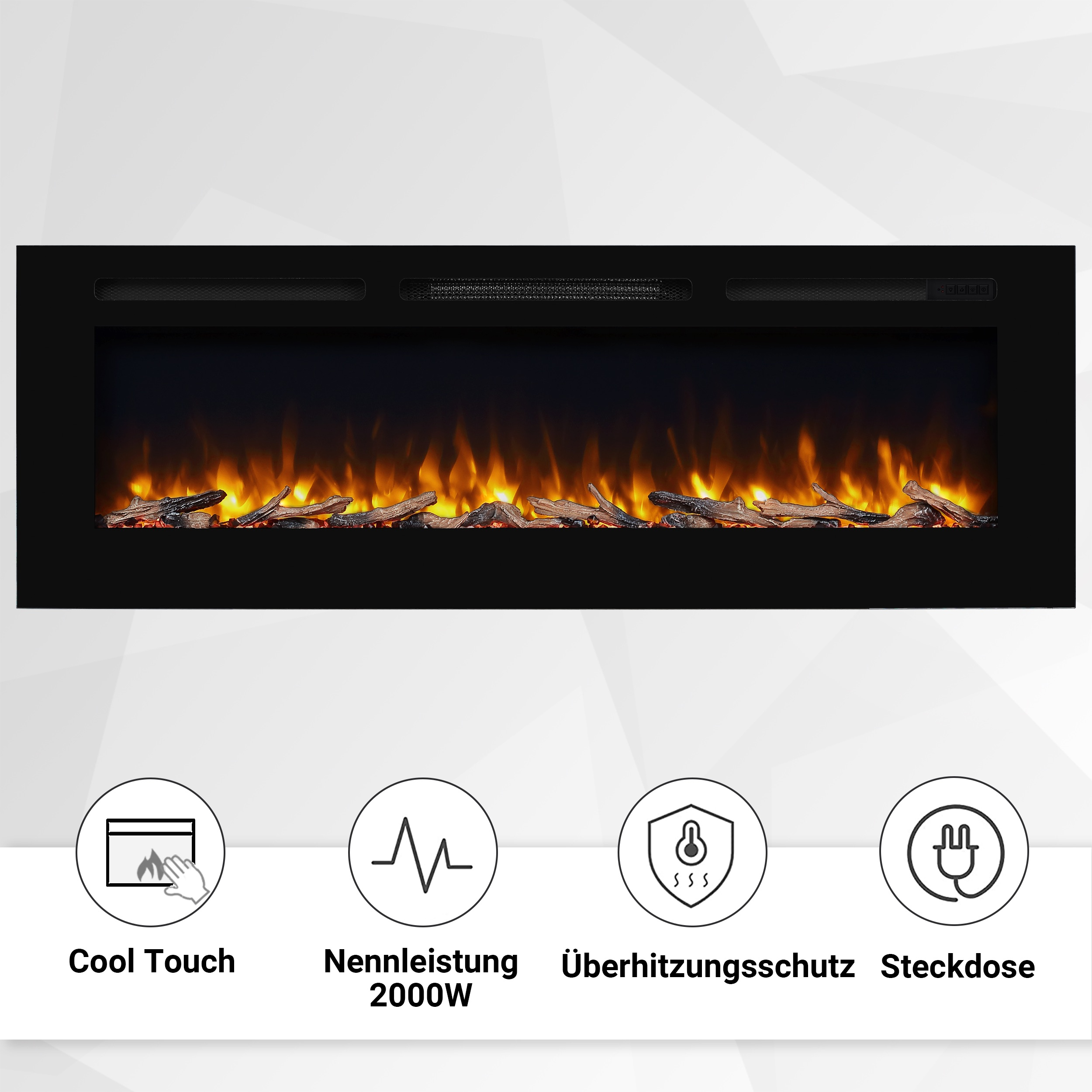 Schwarzer Kamin mit Cool Touch, 2000W, Überhitzungsschutz und Steckdosen-Symbolen.