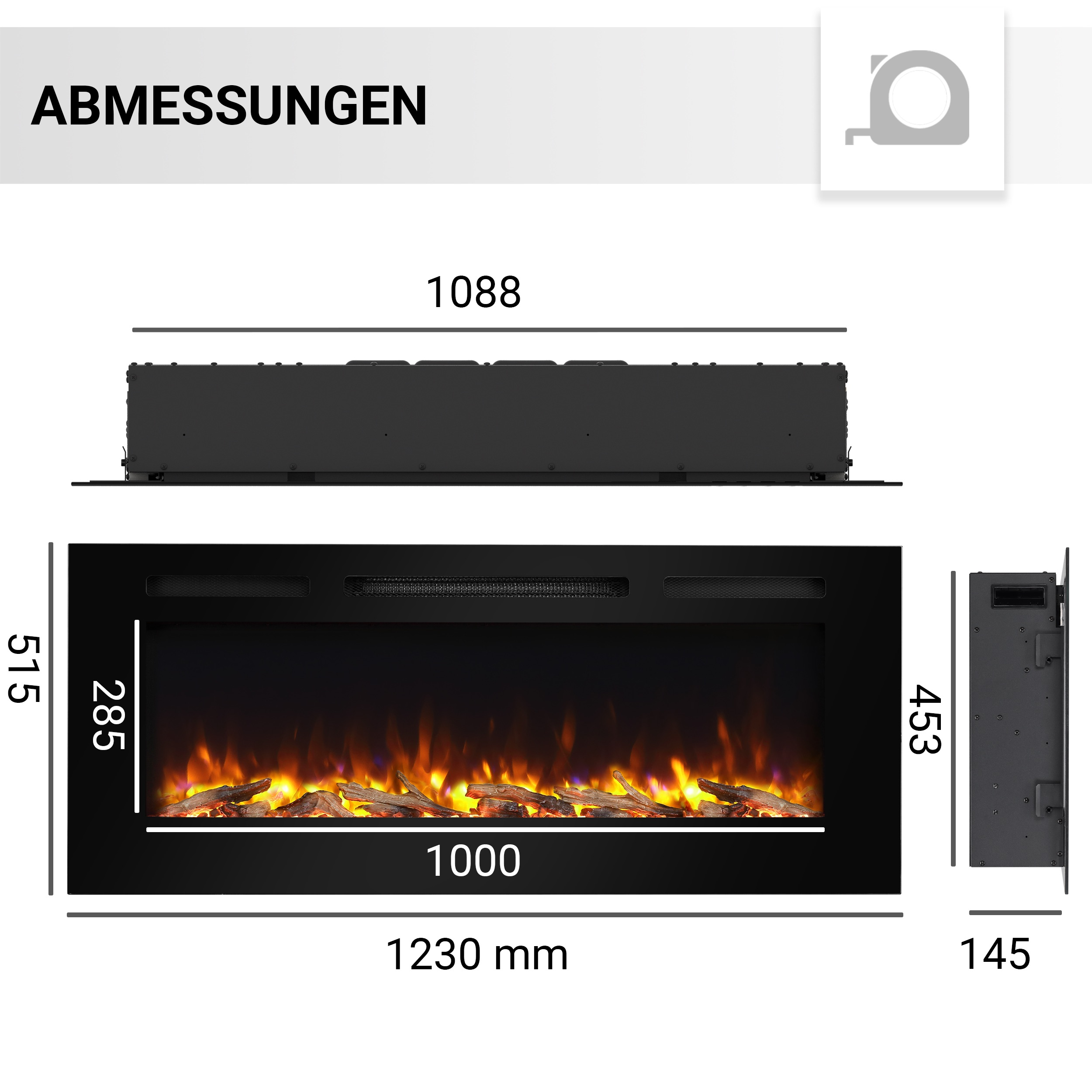 Diagramm eines schwarzen Elektrokamins mit Abmessungen. Der Kamin hat einen Flammeneffekt mit Holzscheiten und eine Heizungsöffnung.