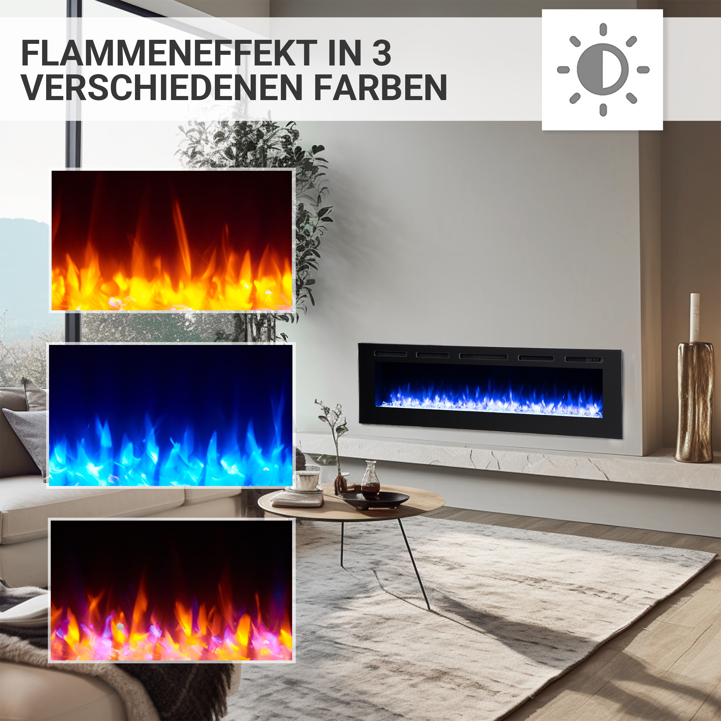 Ein moderner Kamin mit drei Flammeneffekten: orange, blau und eine Mischung aus beidem.