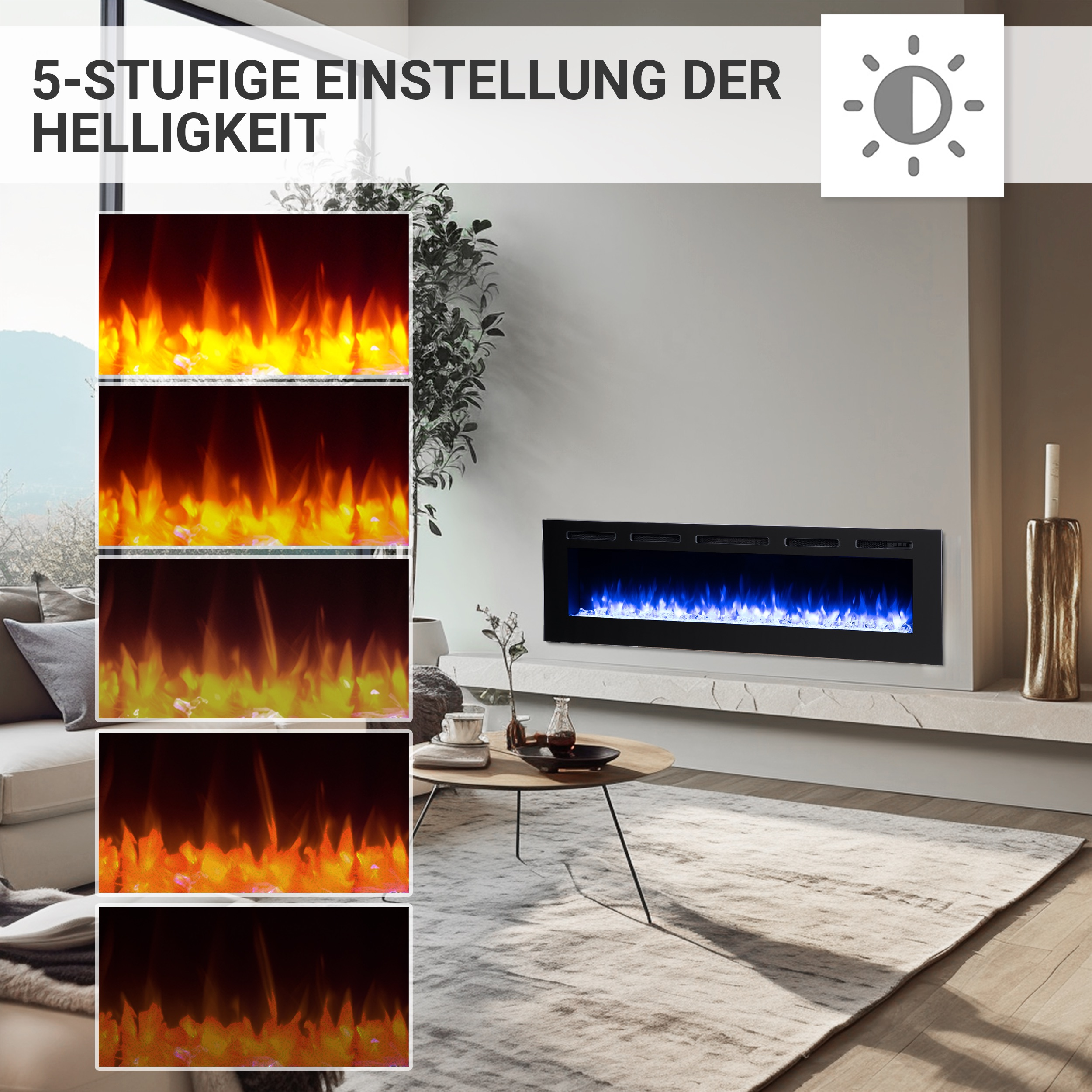 Ein Kamin mit einstellbaren Helligkeitsstufen. Fünf verschiedene Flammendarstellungen werden gezeigt.