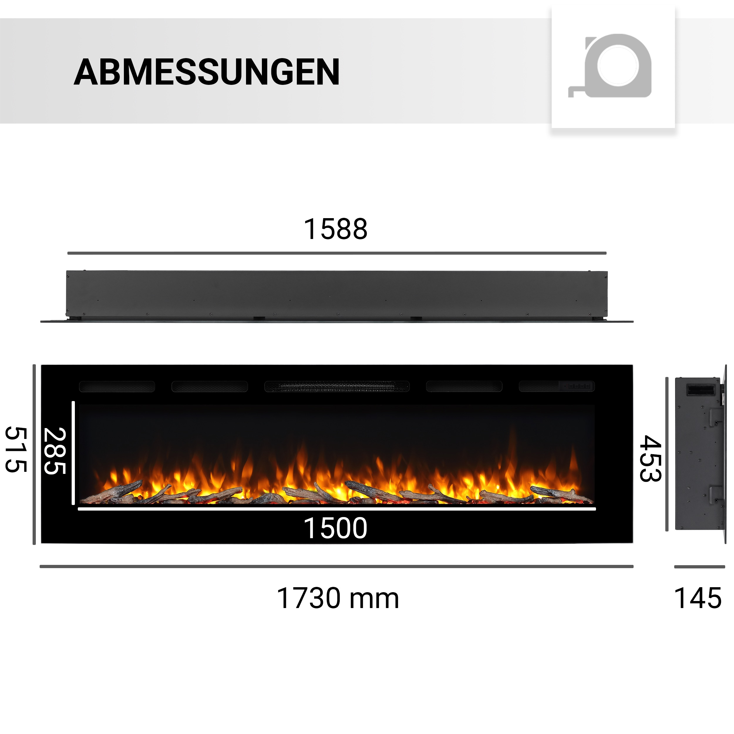 Diagramm eines schwarzen Elektrokamins mit Abmessungen. Der Kamin hat einen Flammeneffekt mit Holzscheiten und eine Heizungsöffnung.