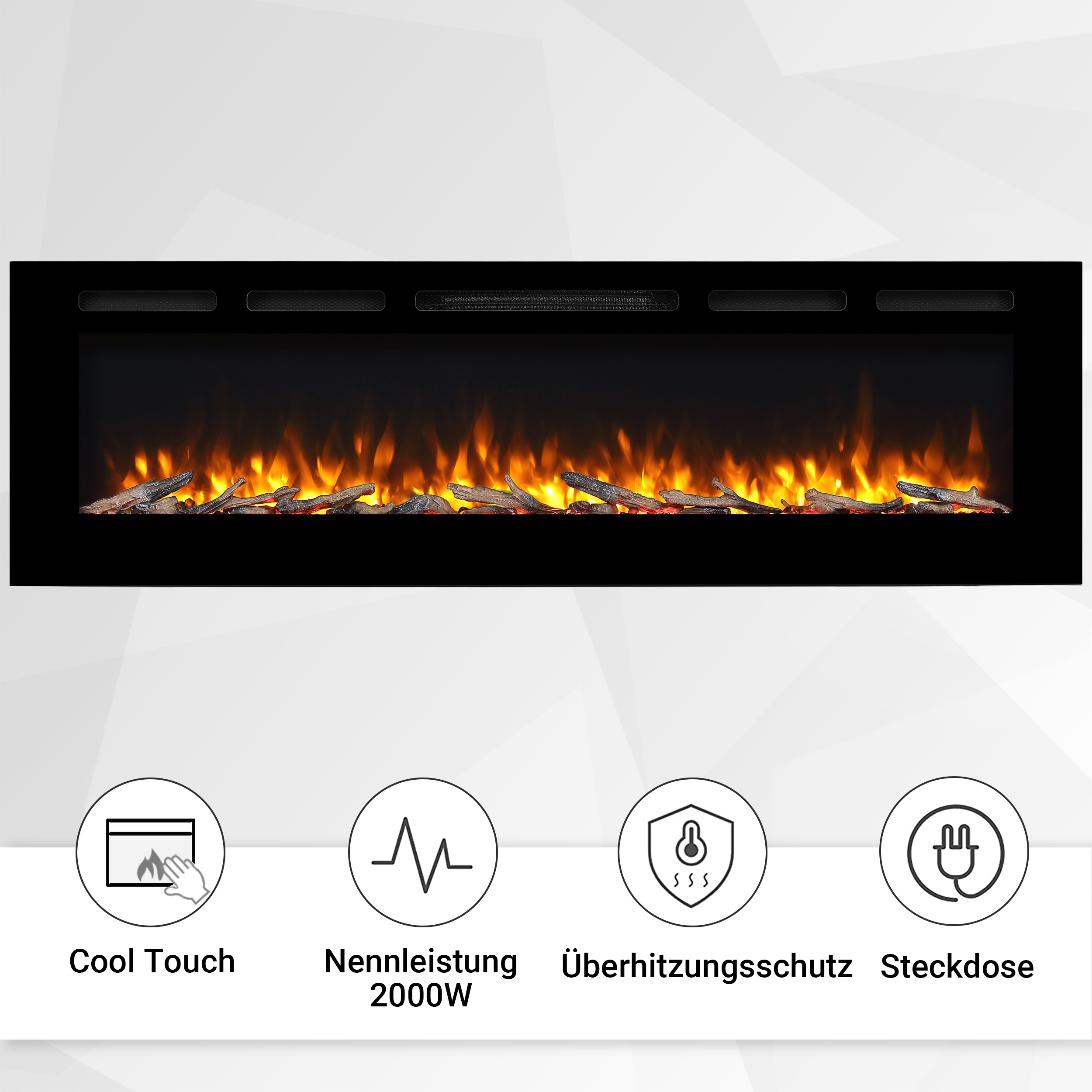 Ein schwarzer Elektrokamin mit Flammeneffekt und Symbolen für Cool Touch, Leistung und Wärme. Realistischer Feuereffekt mit Holzscheiten.
