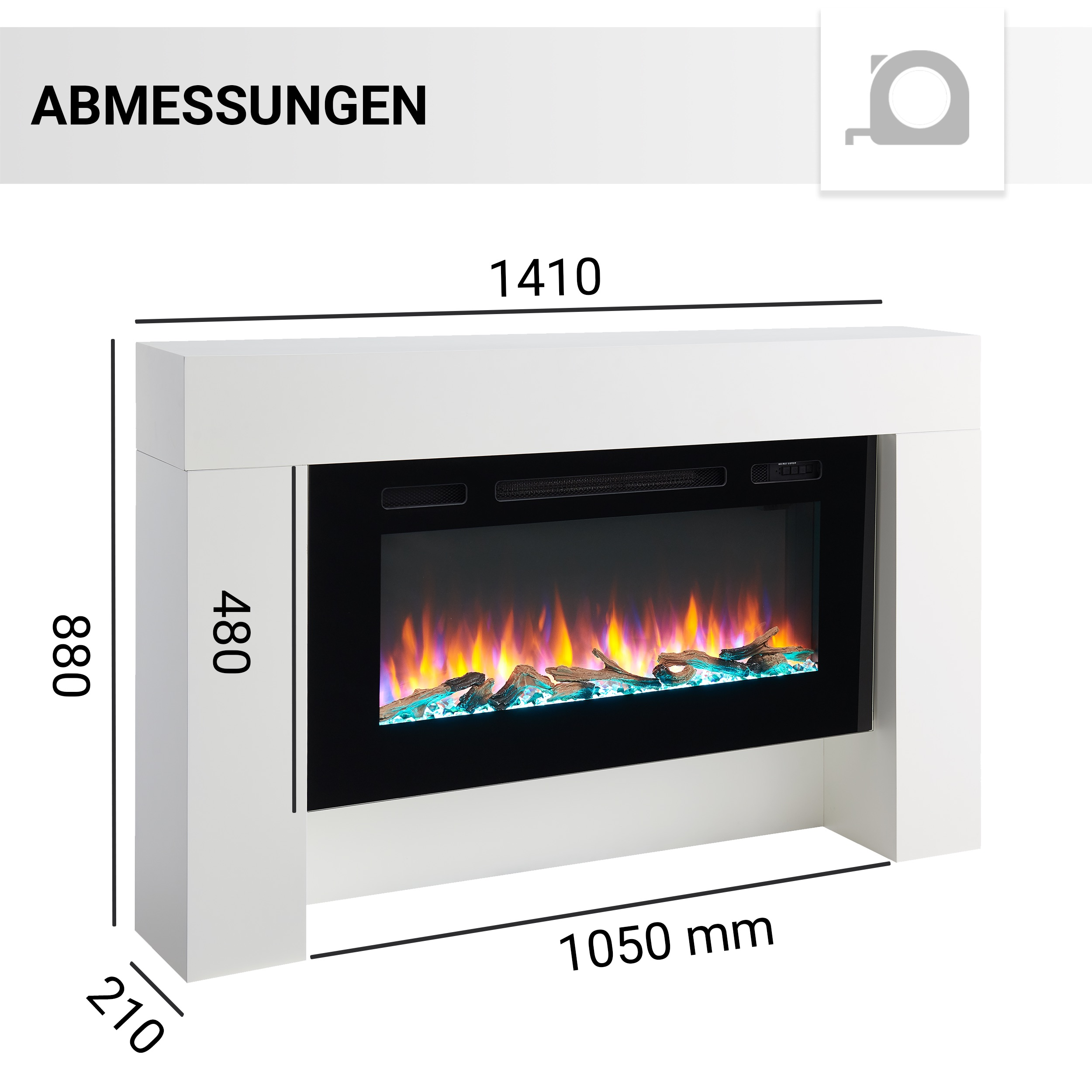Ein weißer Kamin mit schwarzem Innenraum, der ein simuliertes Feuer zeigt. Abmessungen werden angezeigt. Symbole für Berührung, Leistung und Wärme.