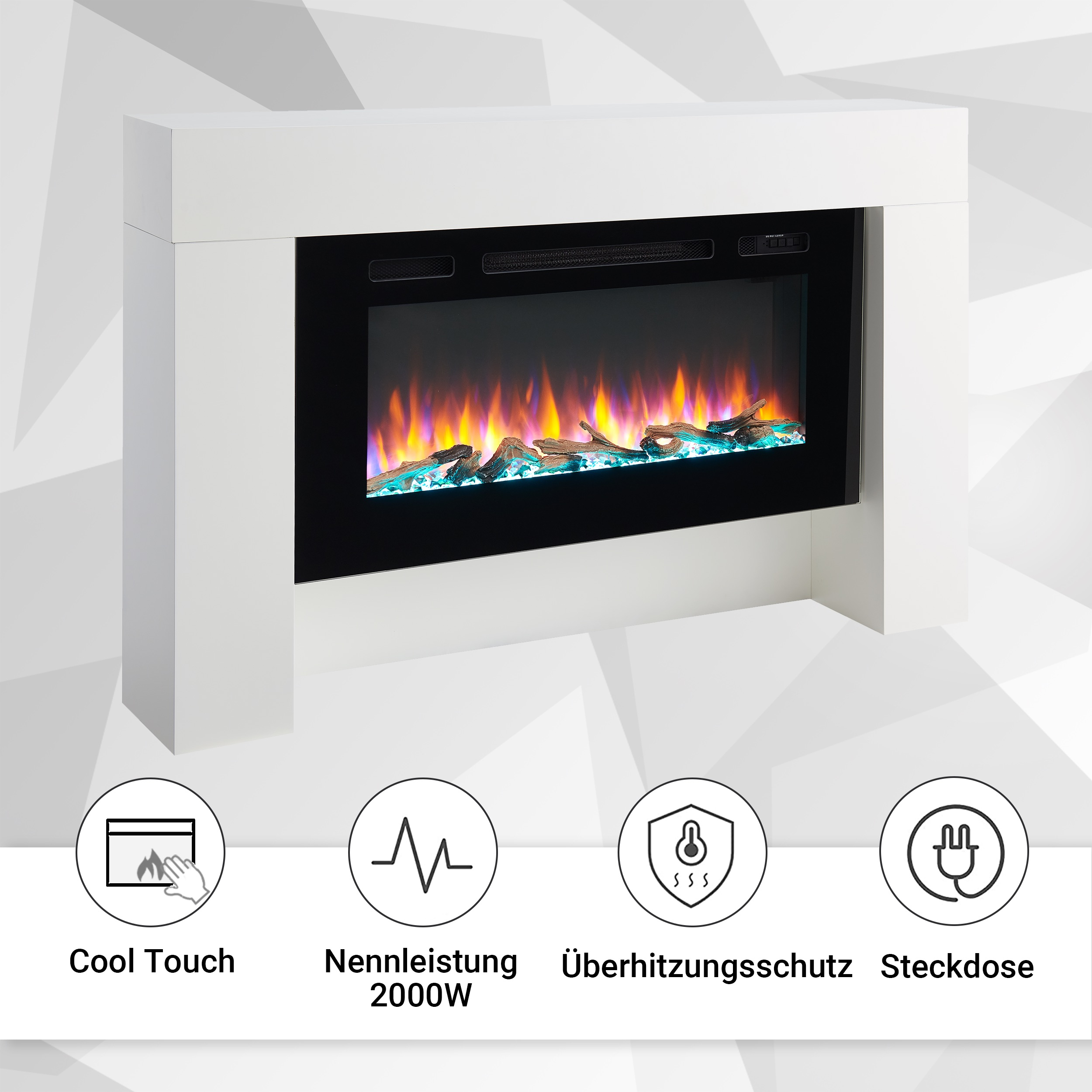 Ein weißer Kamin mit schwarzem Innenraum, der ein simuliertes Feuer mit Holzscheiten zeigt. Symbole für Cool Touch, Leistung und Wärme.