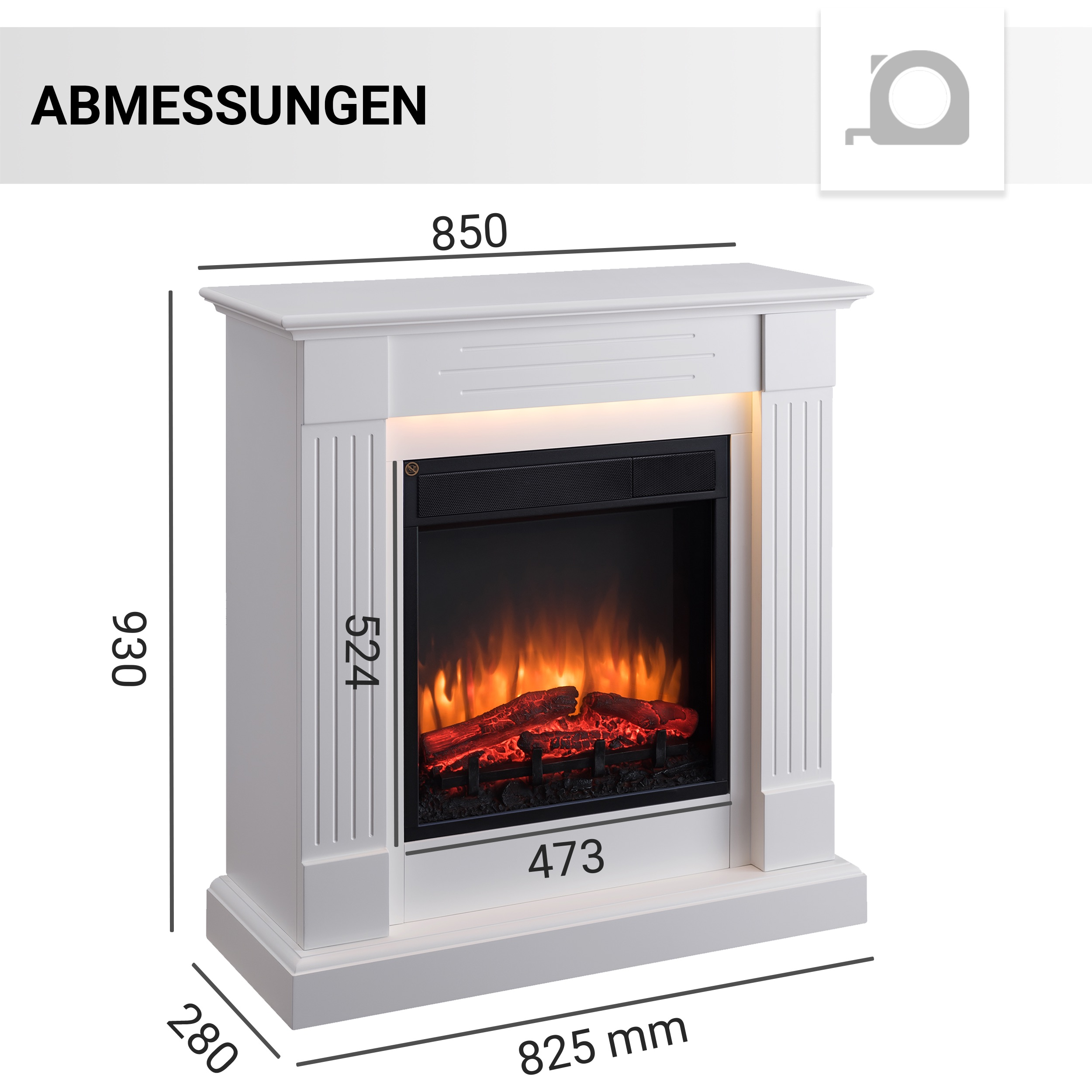 Weißer Kamin mit Maßangaben in Millimetern. Ein Feuereffekt ist sichtbar.