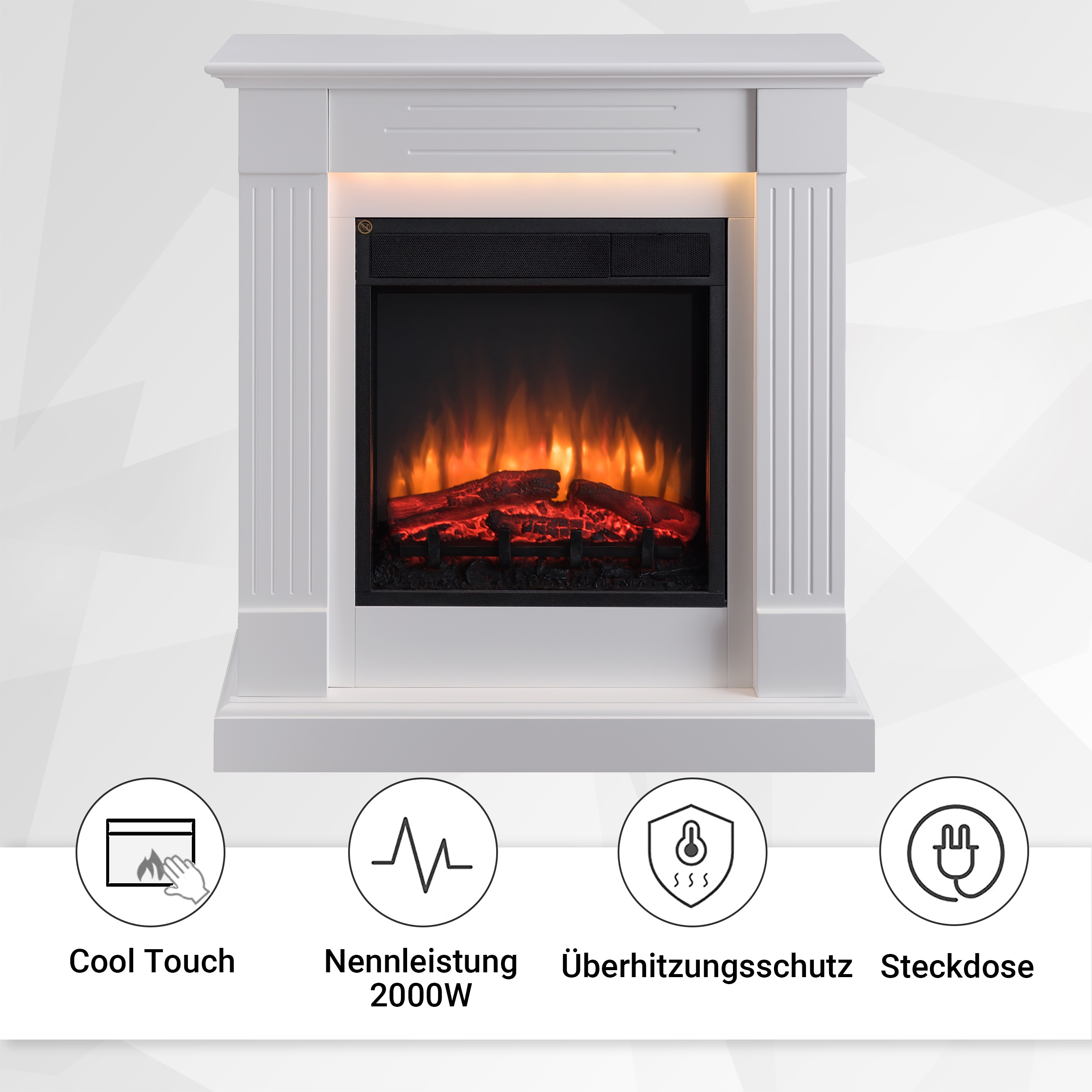 Ein weißer Kamin mit beleuchteter Feueranzeige und darunterliegenden Symbolen.
