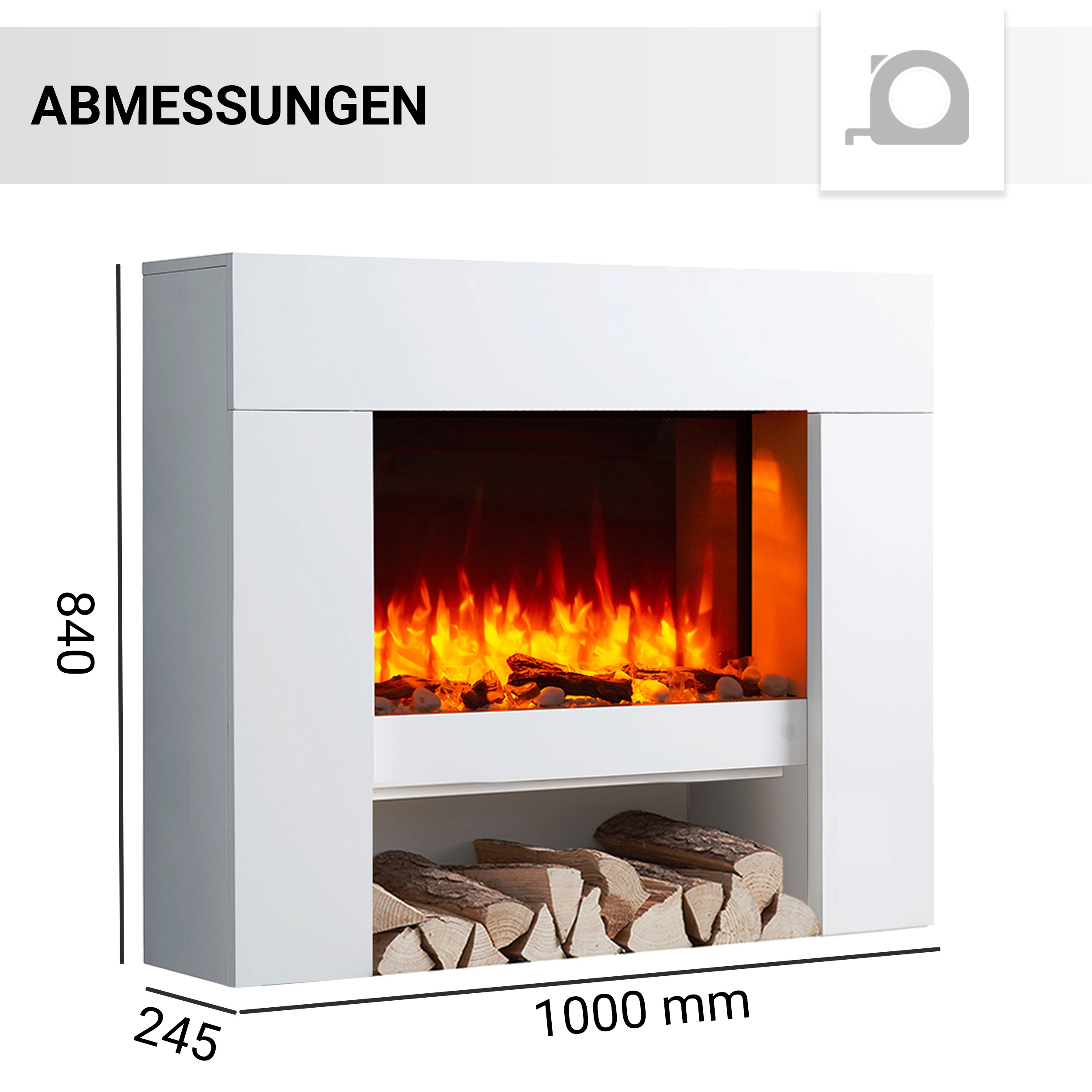 Weißer Kamin mit Abmessungen: 840 mm hoch, 1000 mm breit und 245 mm tief.