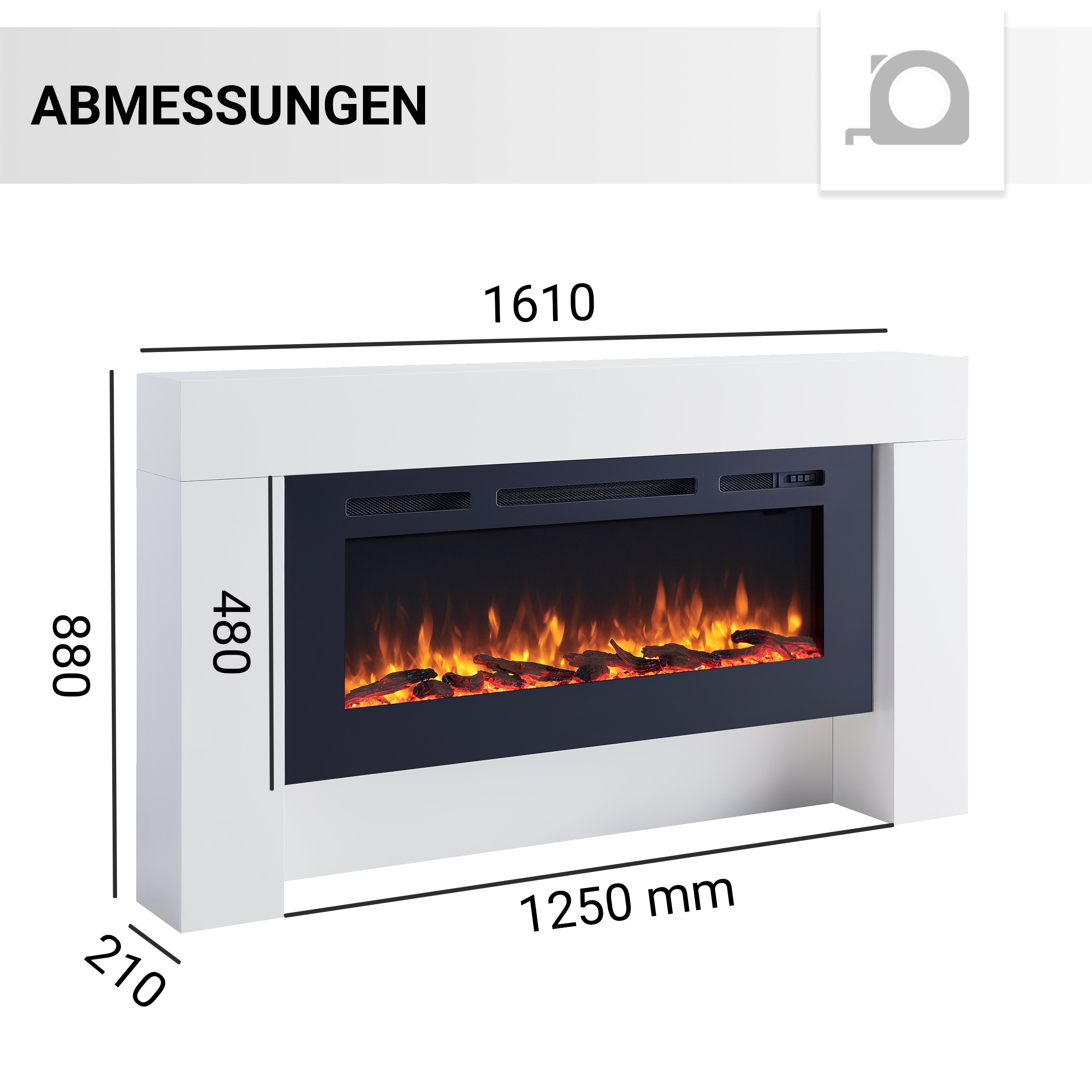 Weißer Kamin mit beschrifteten Abmessungen, mit Flammen im Inneren sichtbar.