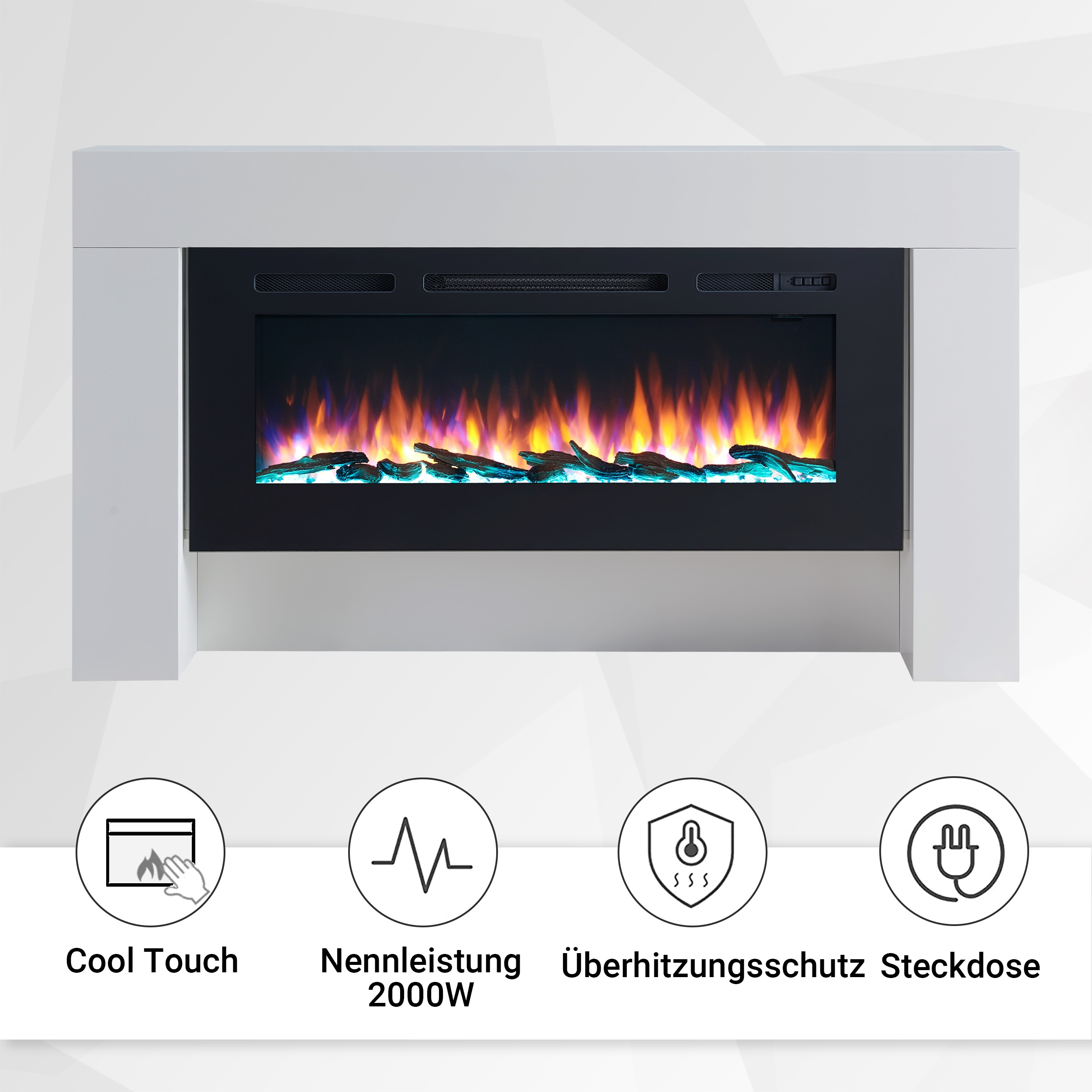 Ein weißer Kamin mit schwarzem Innenraum, der ein simuliertes Feuer zeigt. Symbole für Cool Touch, Leistung und Wärme werden angezeigt.