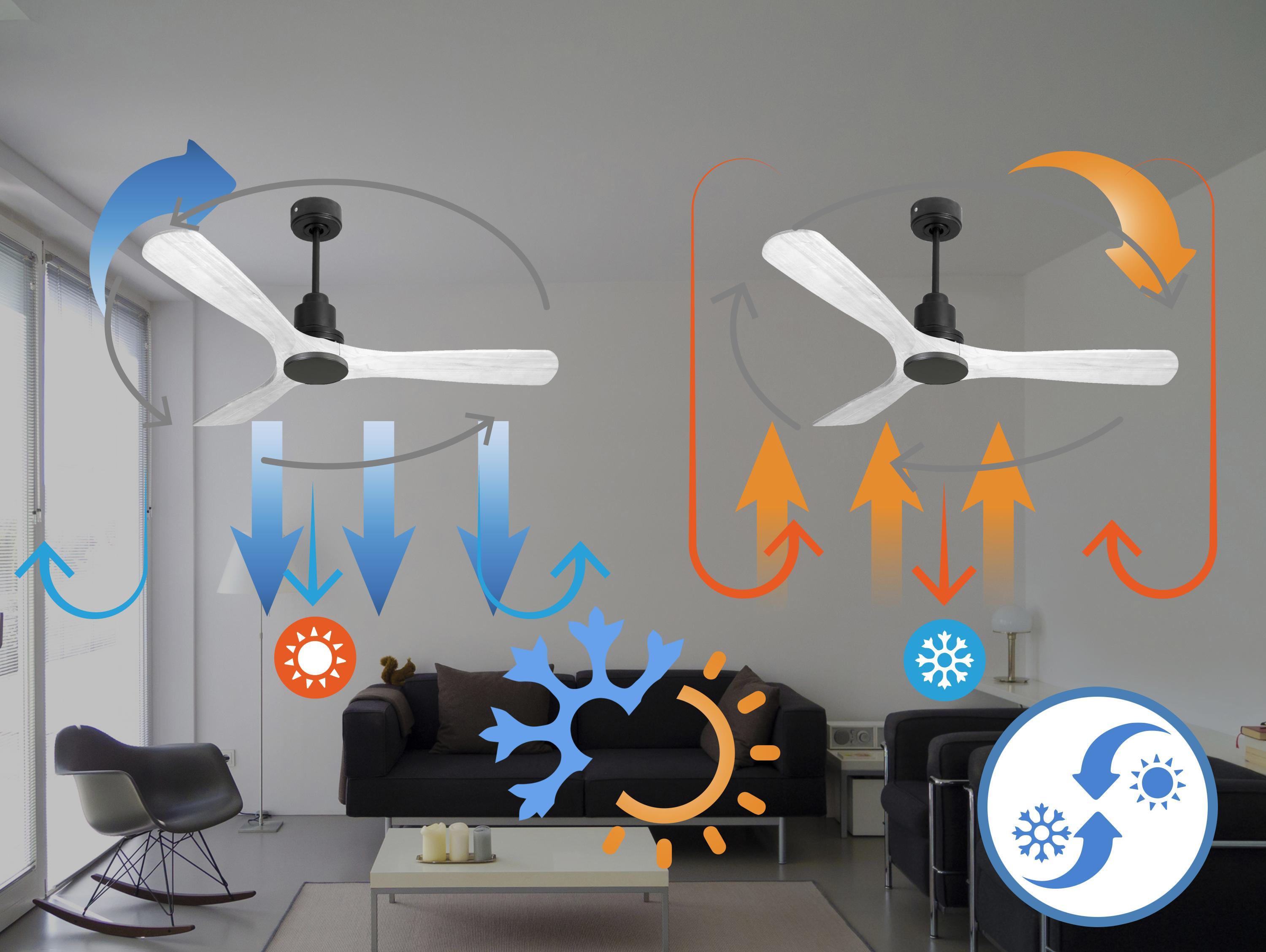 Dos habitaciones que muestran la circulación de aire de un ventilador de techo. Flechas indican la dirección del flujo de aire.