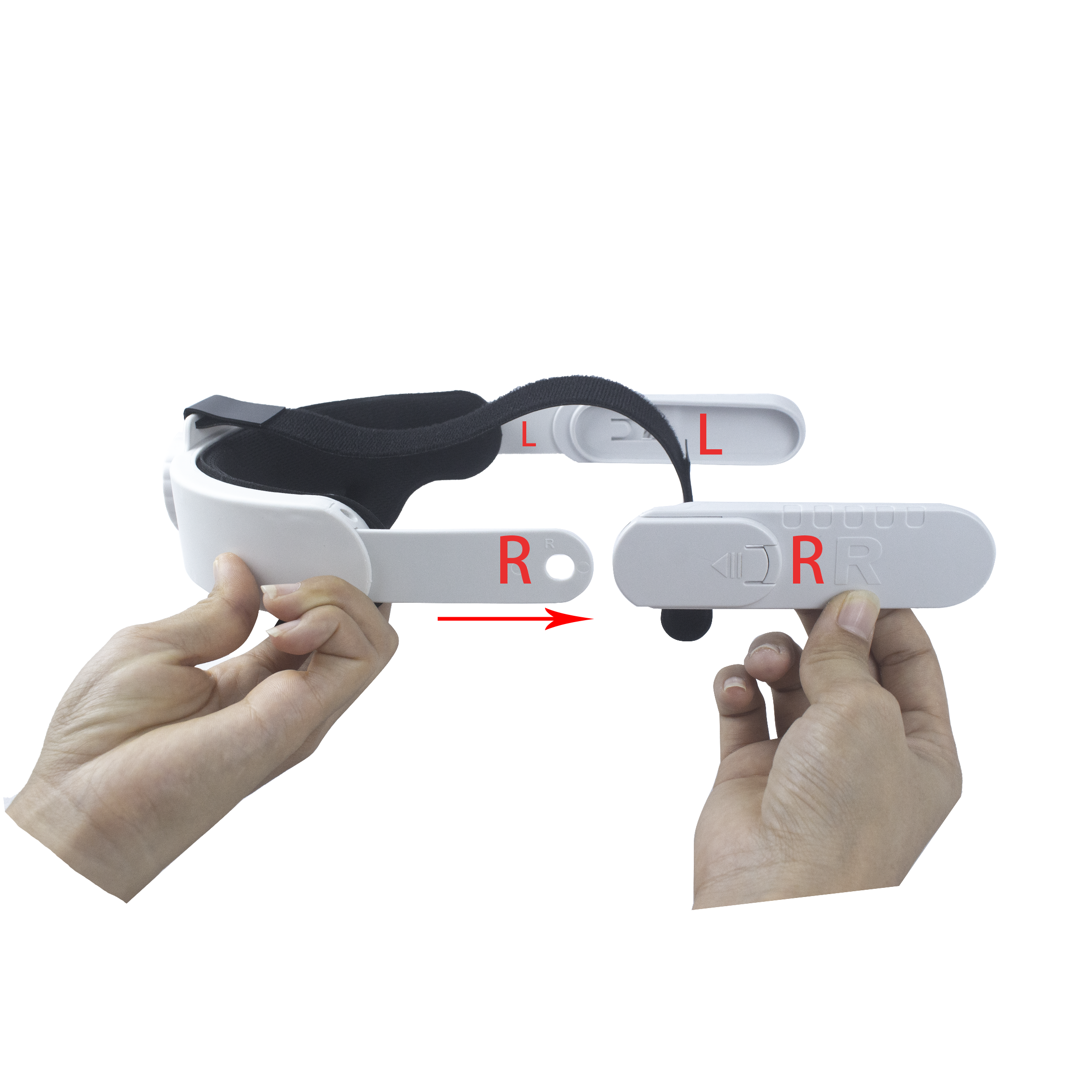 VR-headset componenten in handen. Rechter component wordt bevestigd.