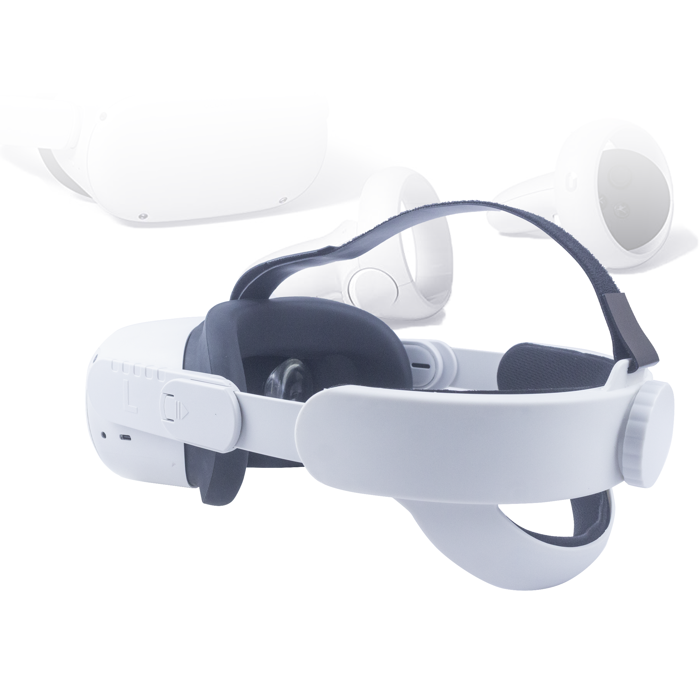 Witte VR-headset met zwarte bandjes en controllers, met een witte achtergrond. Bovenaanzicht.