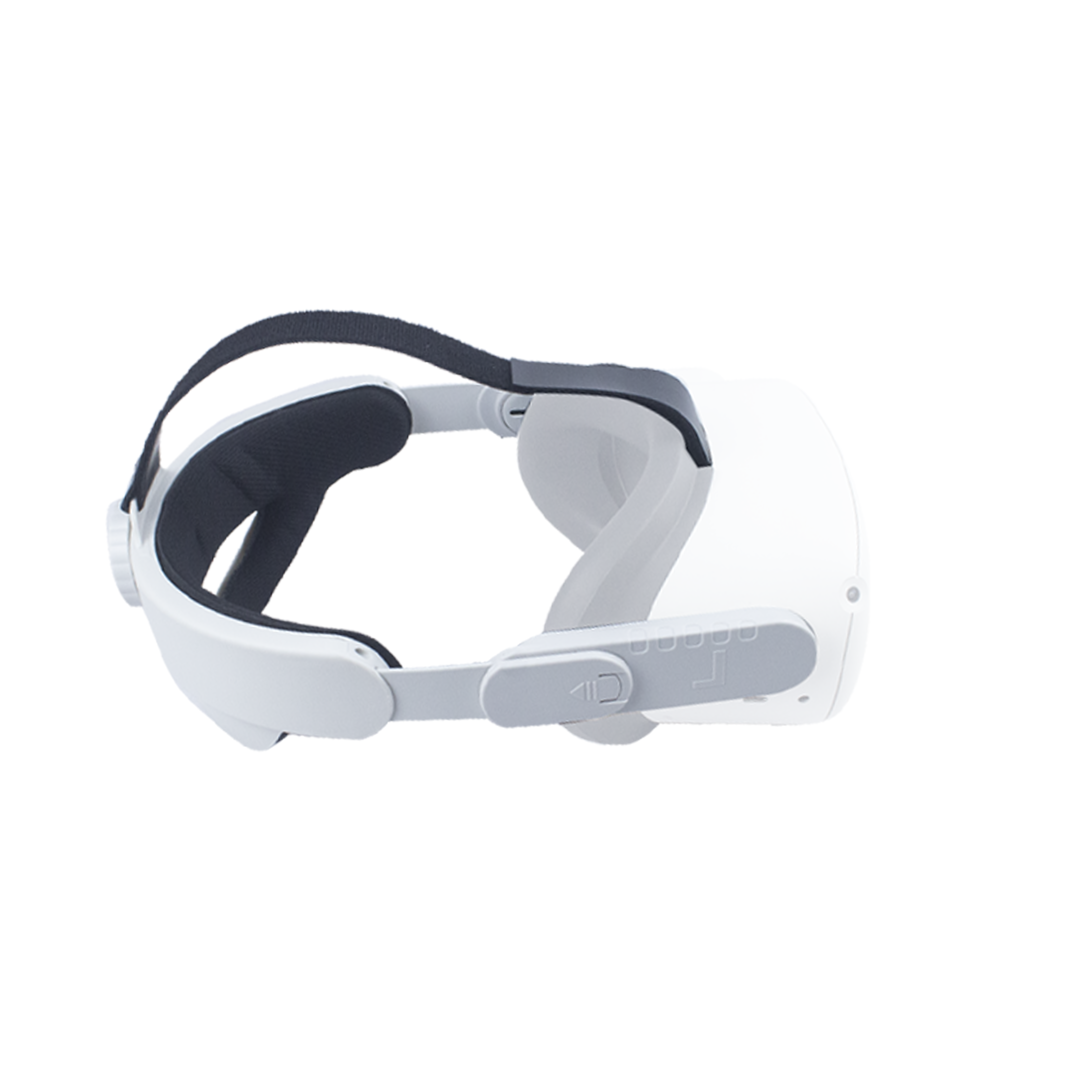 Witte VR-headset met een zwarte band en grijze verstelbare onderdelen op een witte achtergrond.