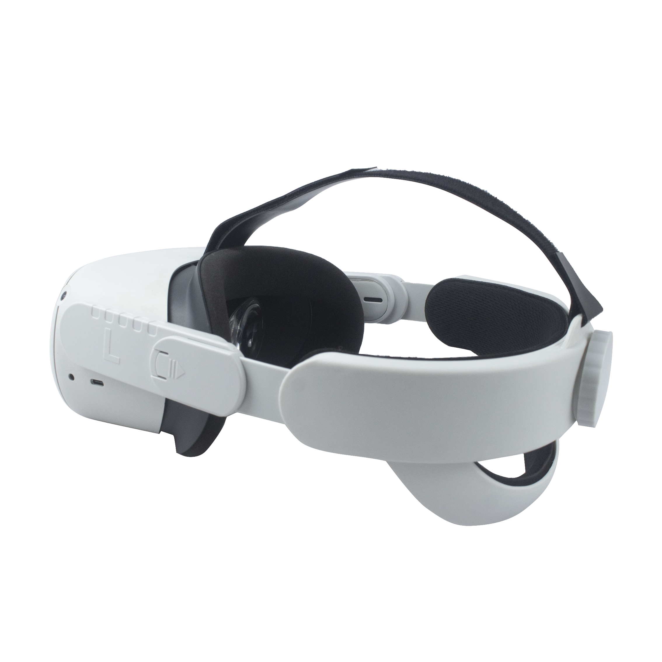 Witte VR-headset, zijaanzicht, met zwarte hoofdband en instelknop.