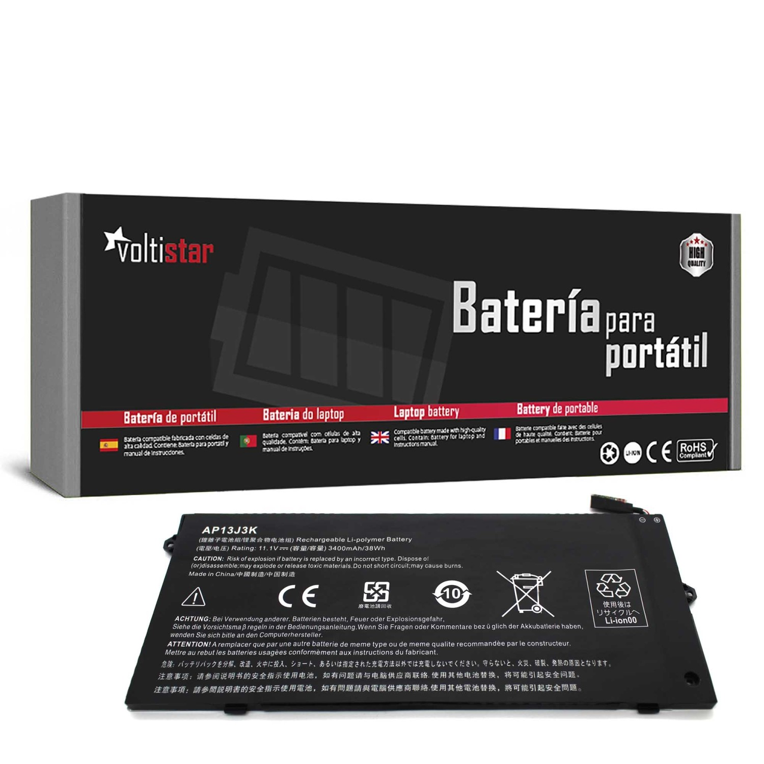 Batería de portátil y su embalaje con texto en varios idiomas. Batería negra y azul con advertencias.