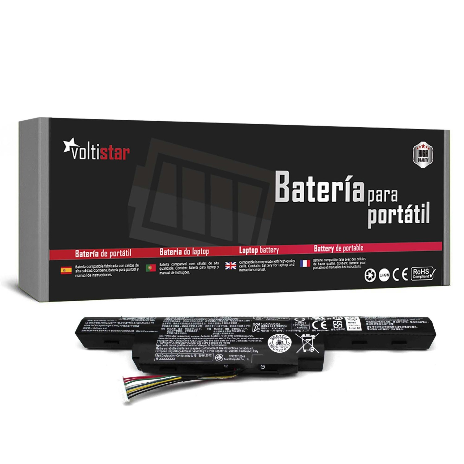 Batería de portátil con embalaje. La batería es negra, el embalaje tiene texto multilingüe y logotipos.