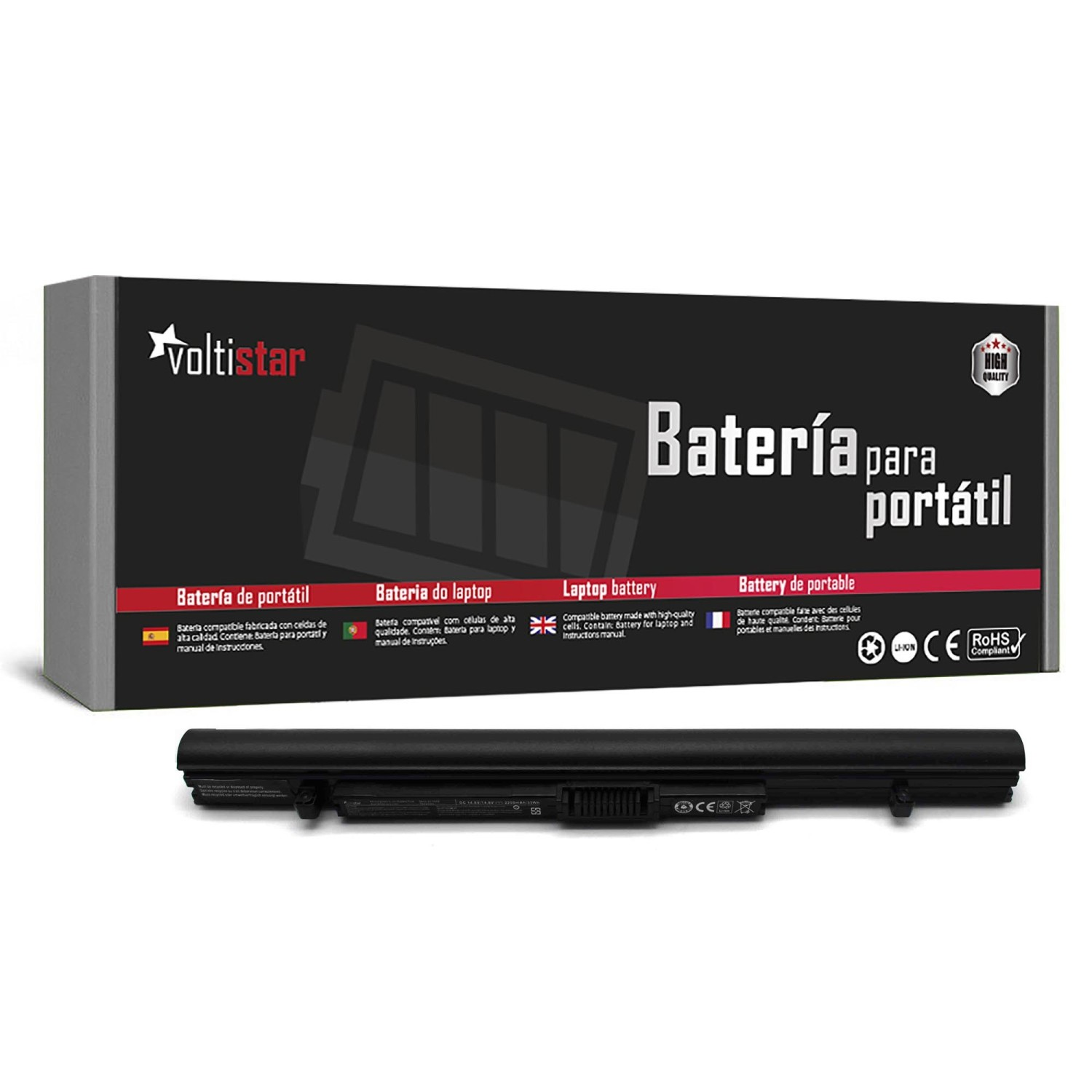 Batería de portátil en caja con texto multilingüe, fondo blanco.