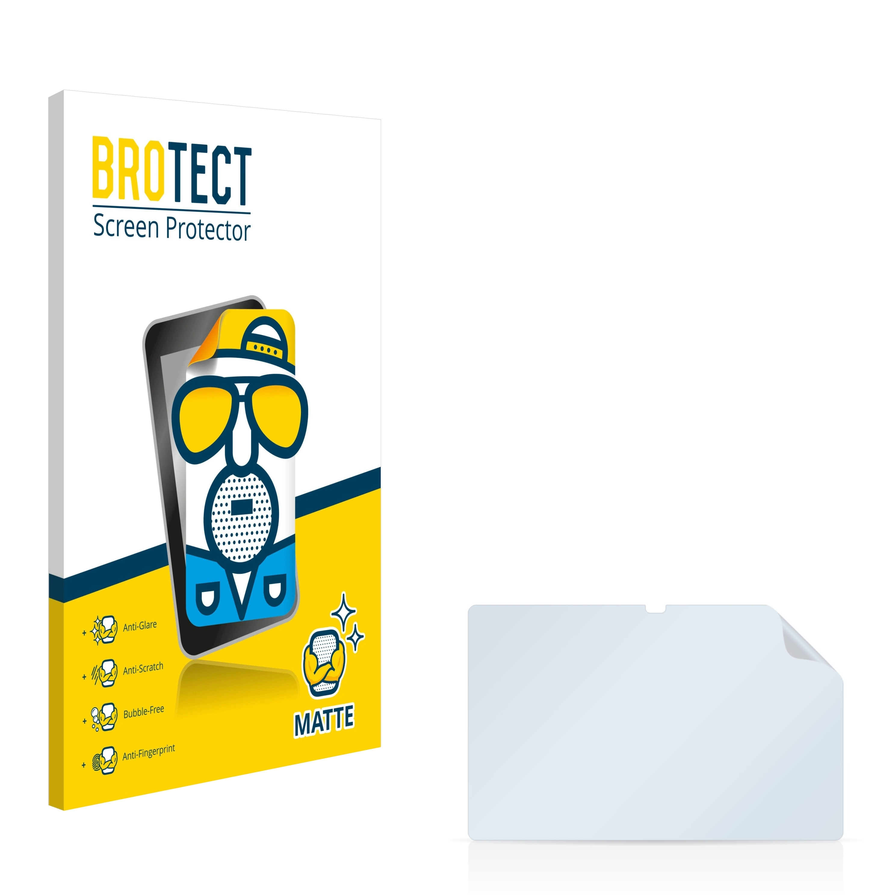 Schutzfolienbox und Bildschirm. Die Box zeigt eine Cartoon-Figur mit Brille.