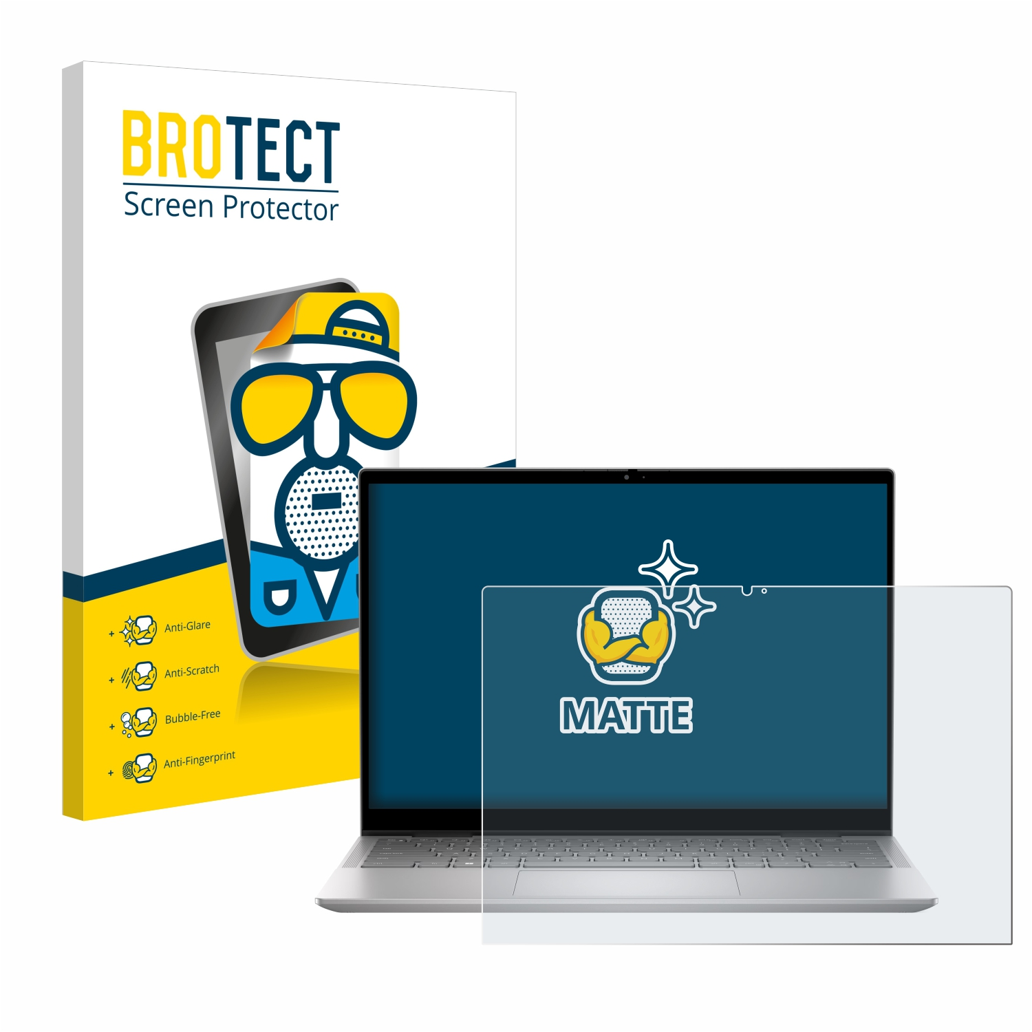 Ein Displayschutz mit Laptop und Box. Die Box zeigt ein Cartoon-Gesicht und Text 'BROTECT Screen Protector'.