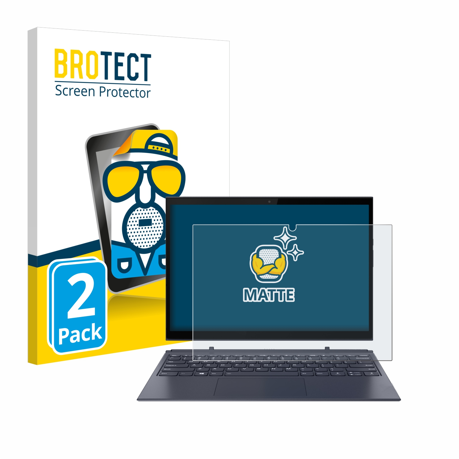Brotect Displayschutzbox und Displayschutz auf einem Laptop. Die Box hat eine Grafik eines Displayschutzes.