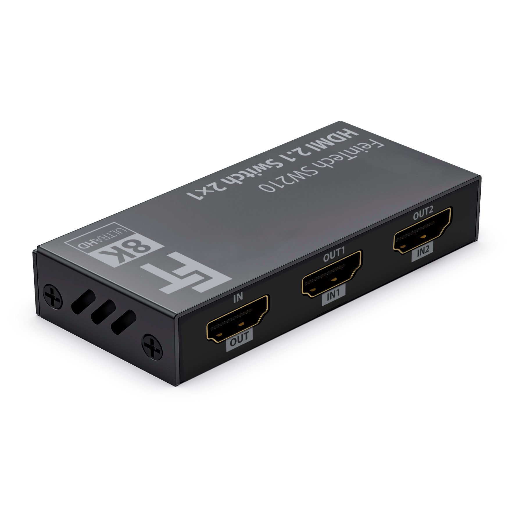 Schwarzer HDMI-Switch mit mehreren Anschlüssen, beschriftet mit 'IN' und 'OUT'.