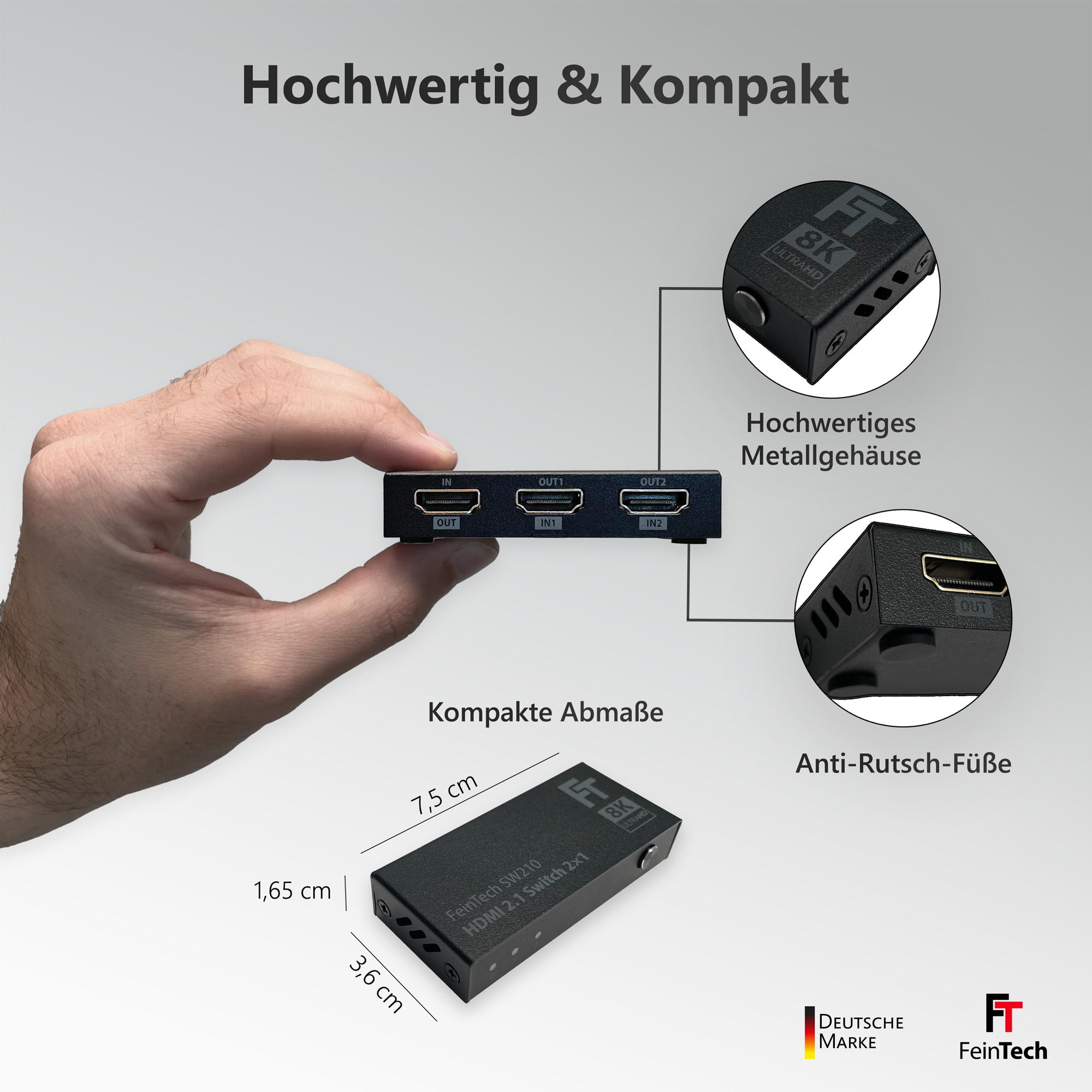 Hand hält schwarzen HDMI-Switch. Details zeigen Gehäuse, Anti-Rutsch-Füße und Abmessungen.