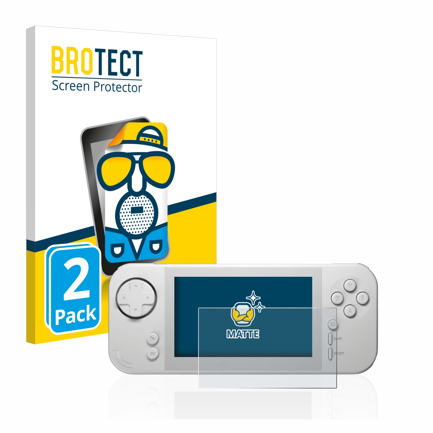 Eine Handheld-Konsole mit Displayschutzfolie und die Verpackung.