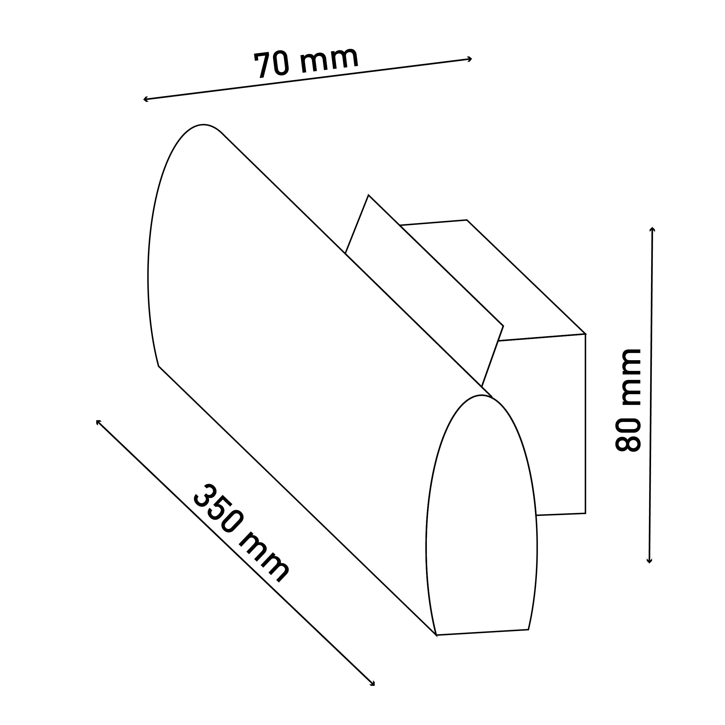 Eine weiße 3D-Zeichnung einer gekrümmten Form mit den Maßen 350 mm, 70 mm und 80 mm.