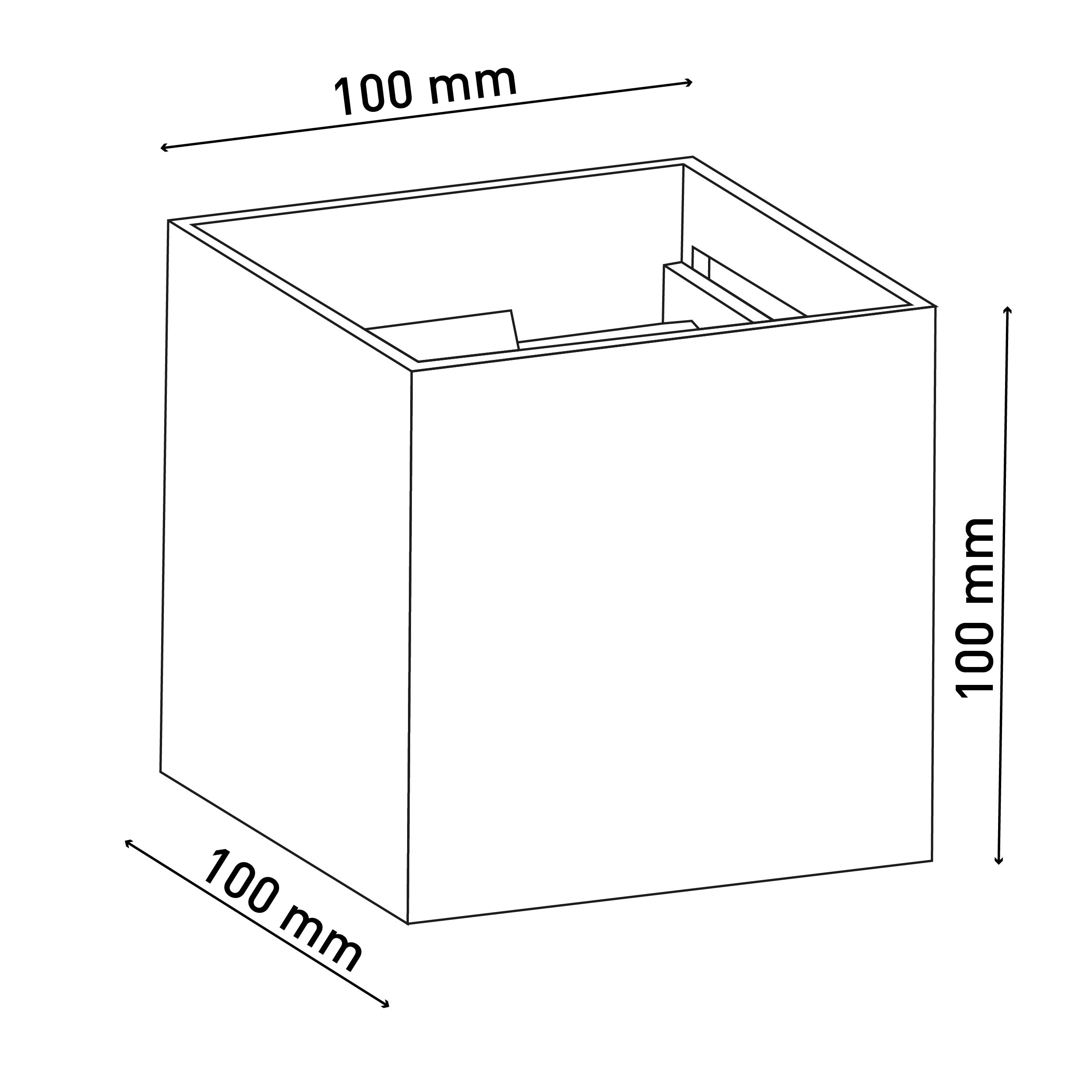 Ein weißer Würfel mit den Maßen 100 mm auf jeder Seite, die Oberseite offen mit Innenstruktur.