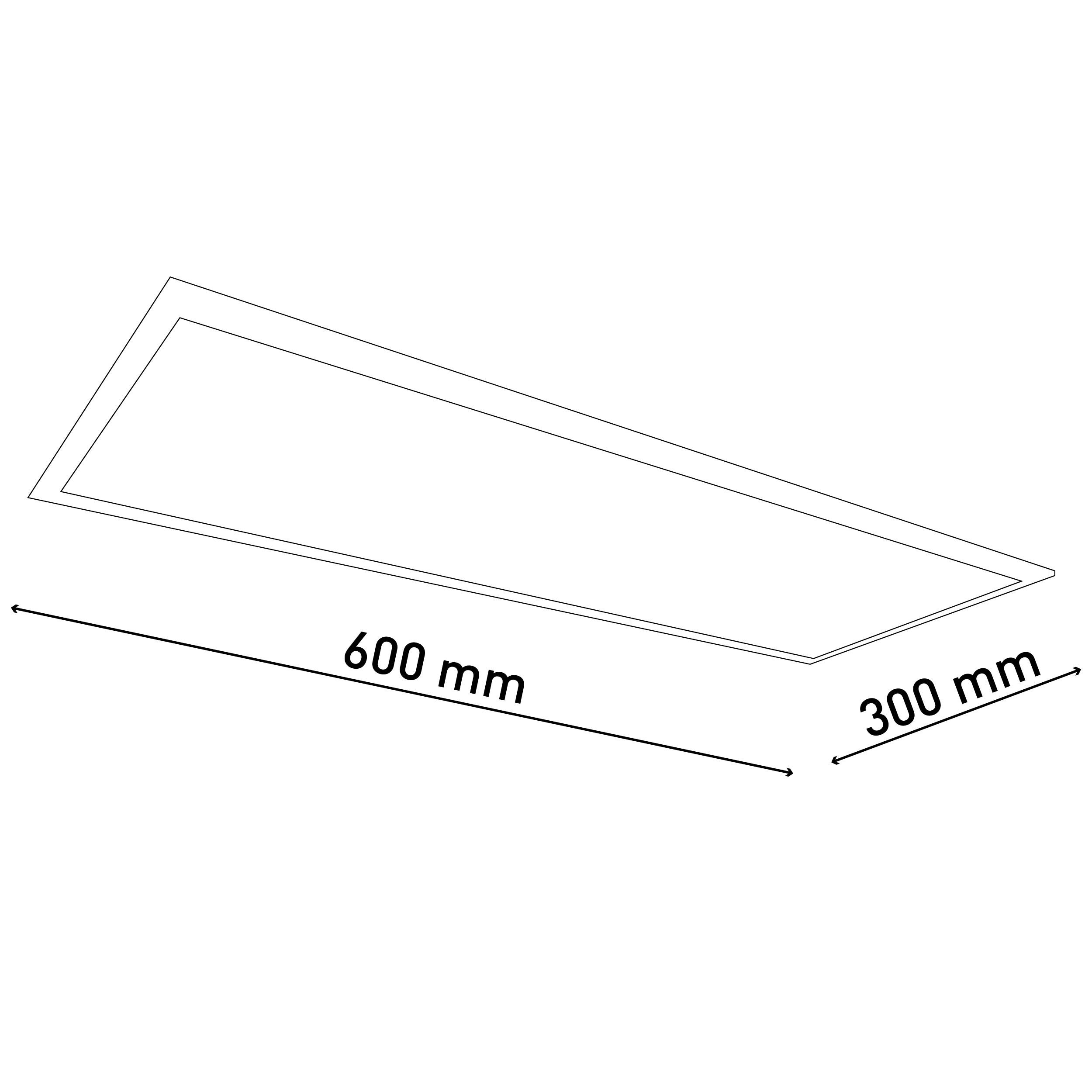 Ein rechteckiges LED-Panel mit den Abmessungen 600 mm x 300 mm. Das Panel ist weiß.