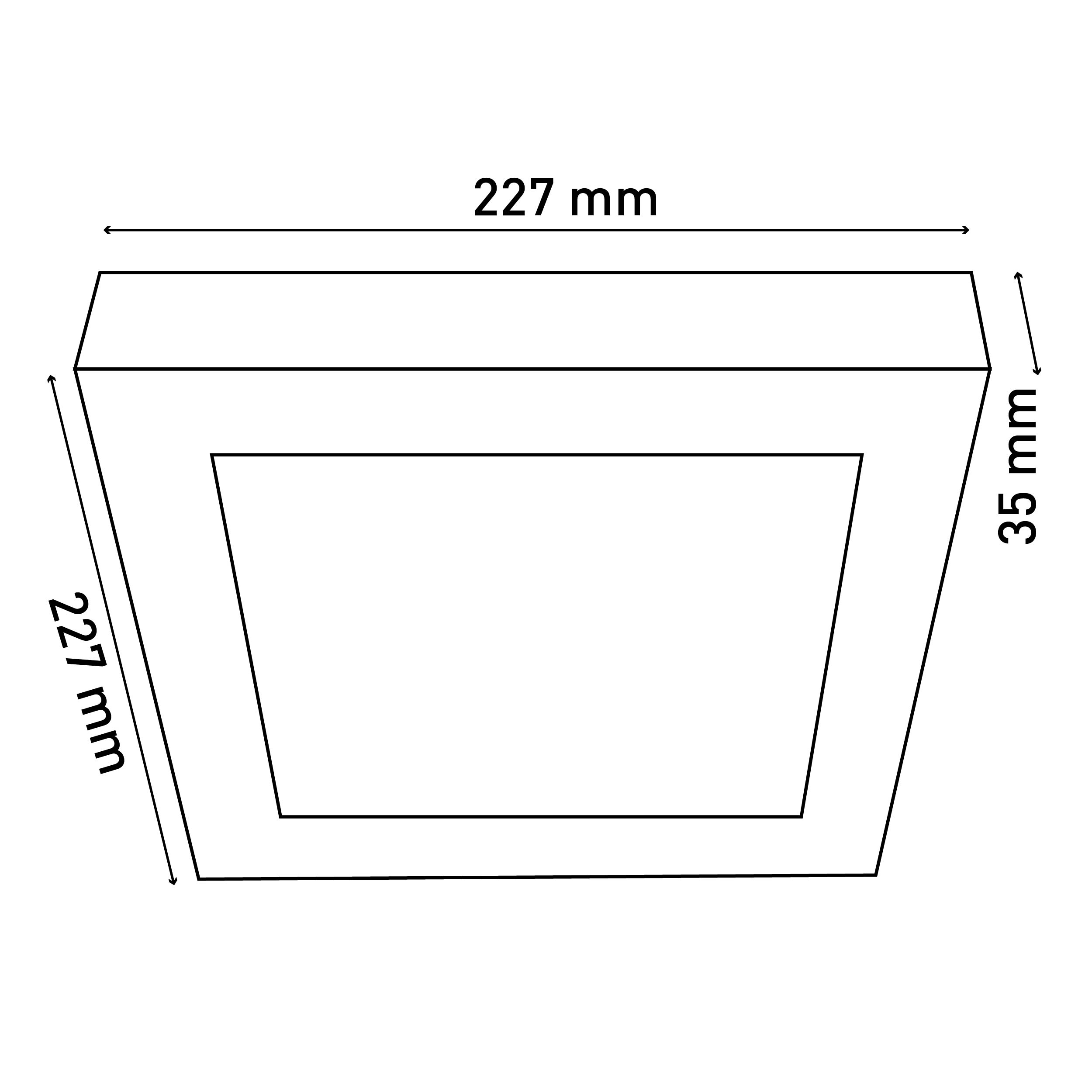 Schwarzes, rechteckiges Architekturelement mit Abmessungen von 227 x 35 x 227 mm, mit rechteckigem Ausschnitt.