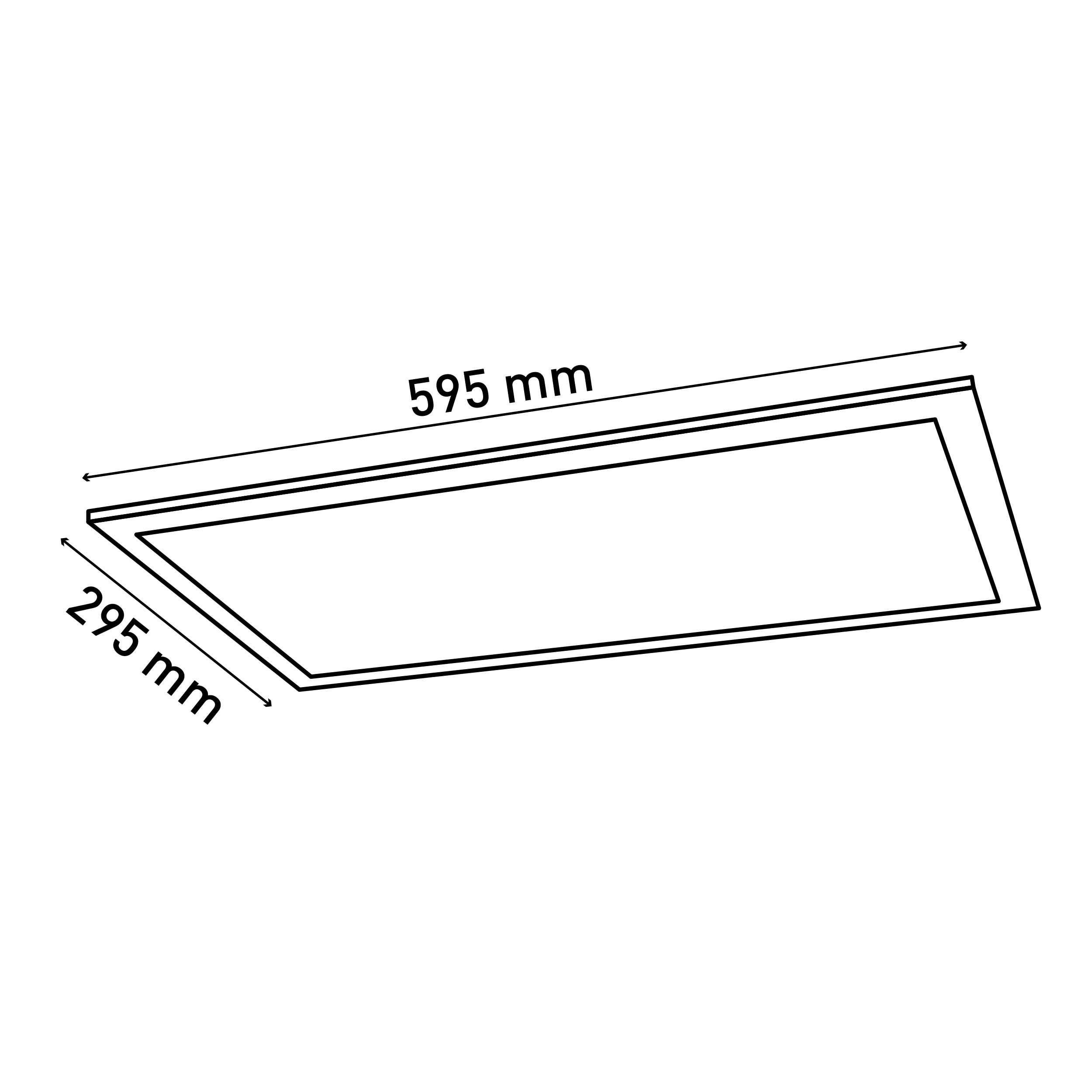 Rechteckige LED-Platte mit den Maßen 595 mm x 295 mm. Weißer Hintergrund.
