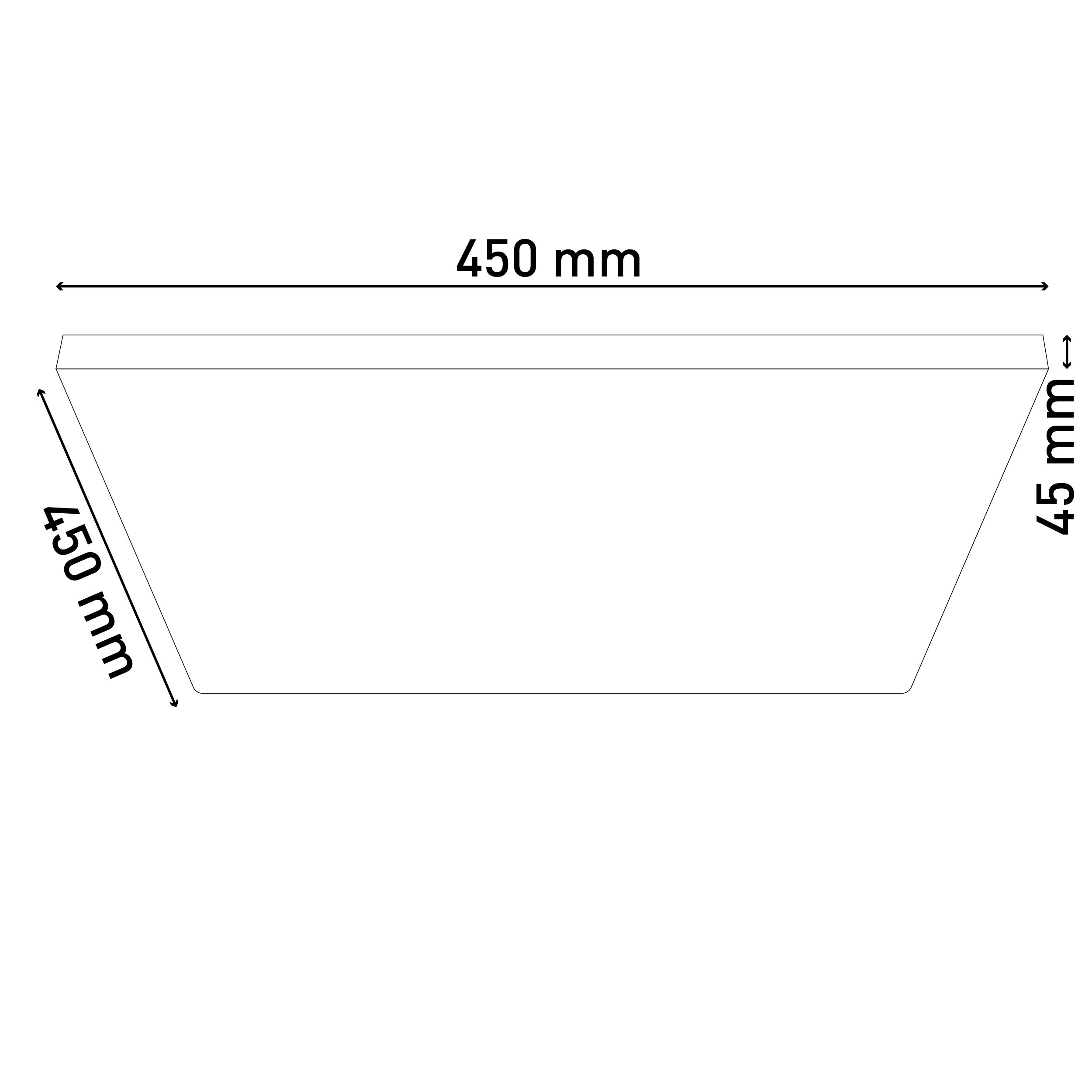 Rechteckige Zeichnung mit den Abmessungen 450 mm x 450 mm x 45 mm. Weißer Hintergrund.