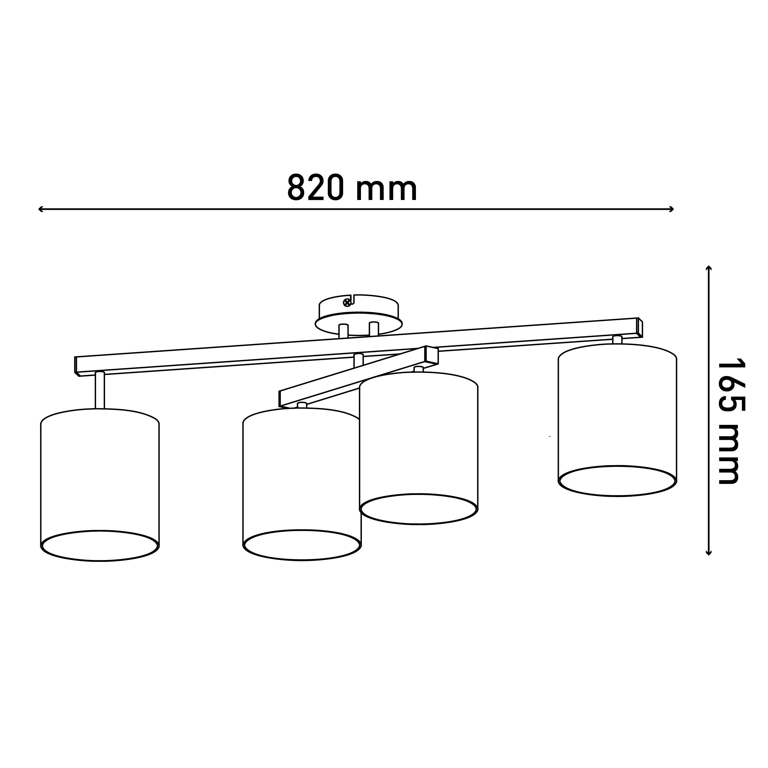 Deckenleuchte mit vier zylindrischen Lampenschirmen. Abmessungen: 820mm lang und 165mm hoch.
