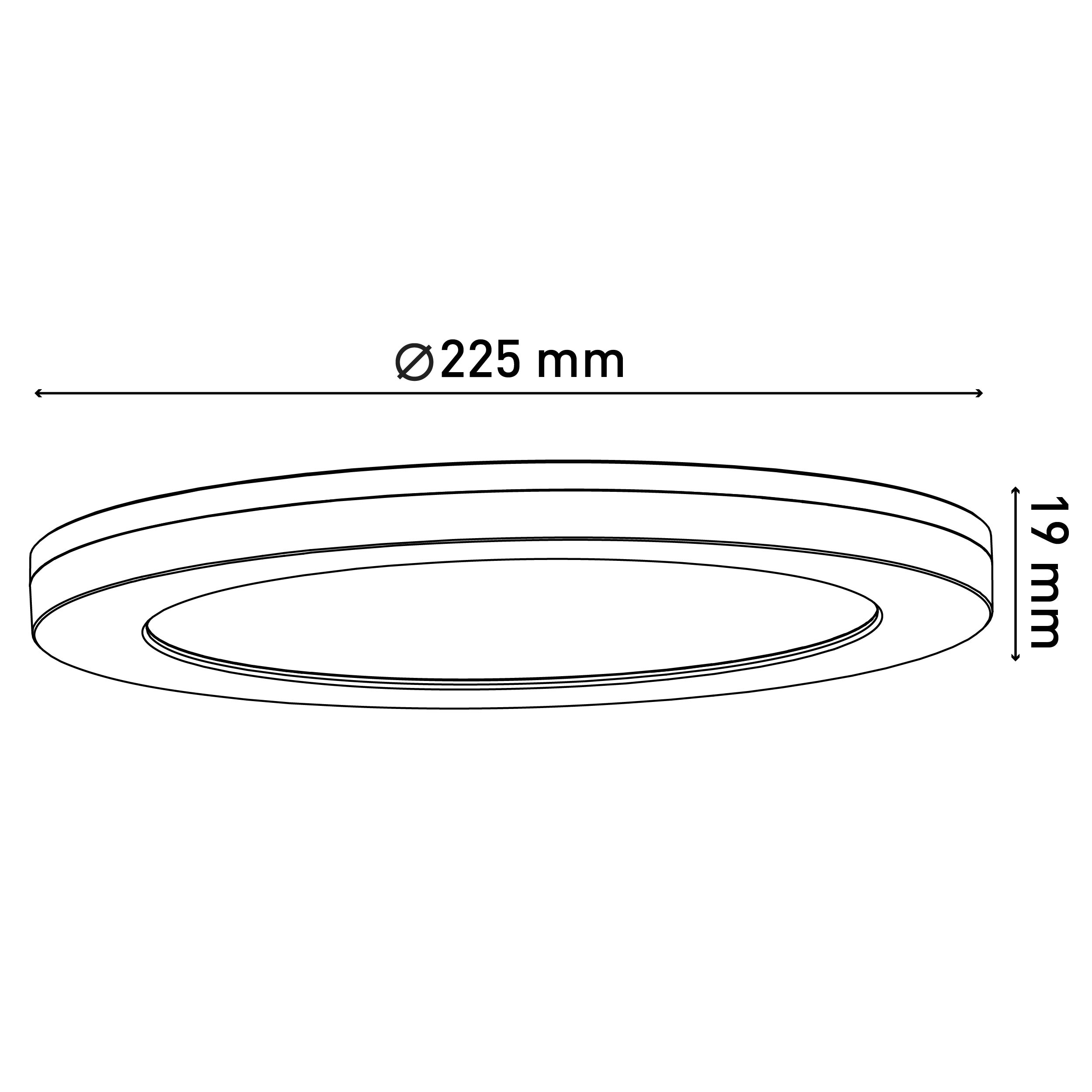 Kreisförmige Leuchte mit Maßen: 225mm Durchmesser, 19mm Dicke.