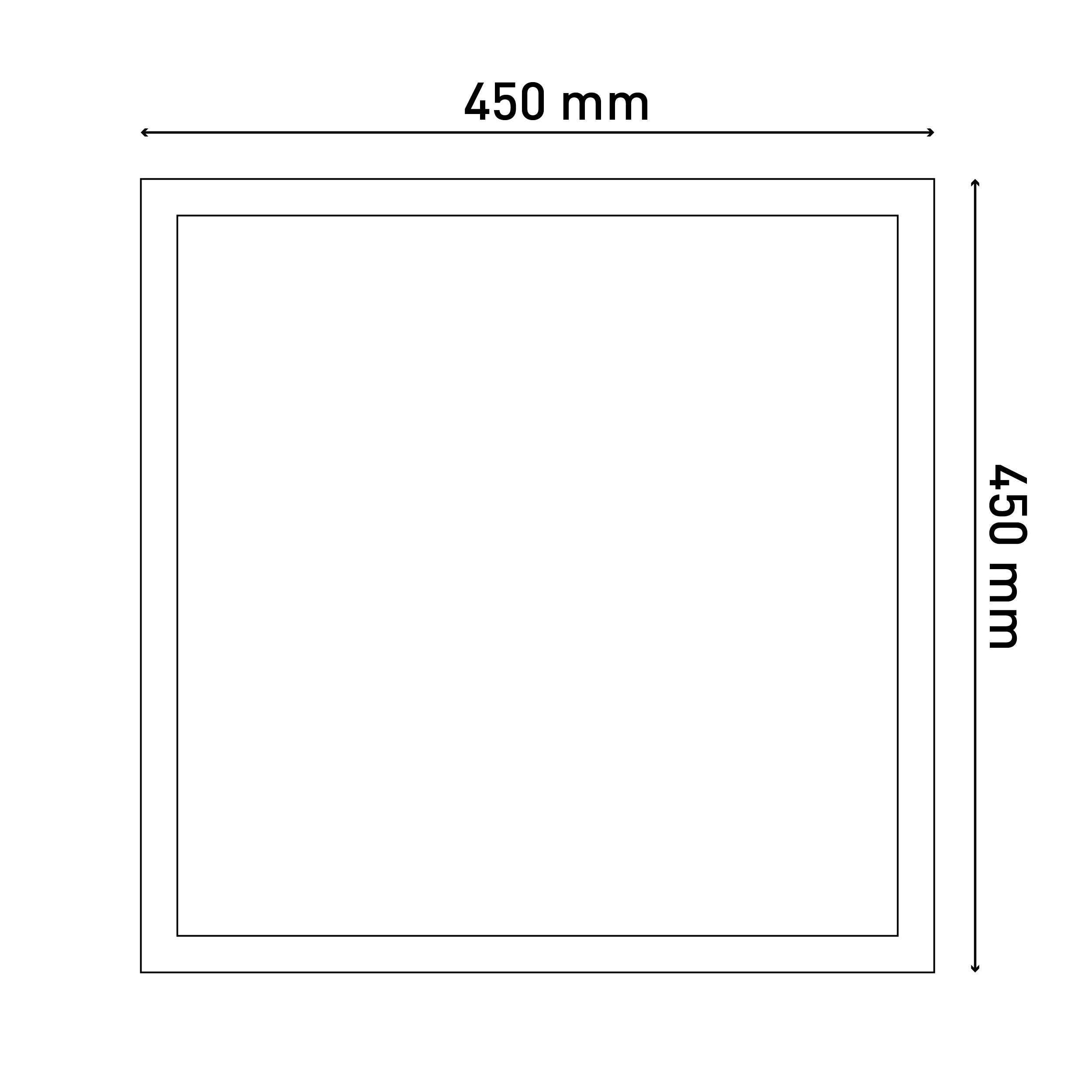 Ein weißes Quadrat mit den Abmessungen 450 mm x 450 mm, mit einem dünnen schwarzen Rahmen.