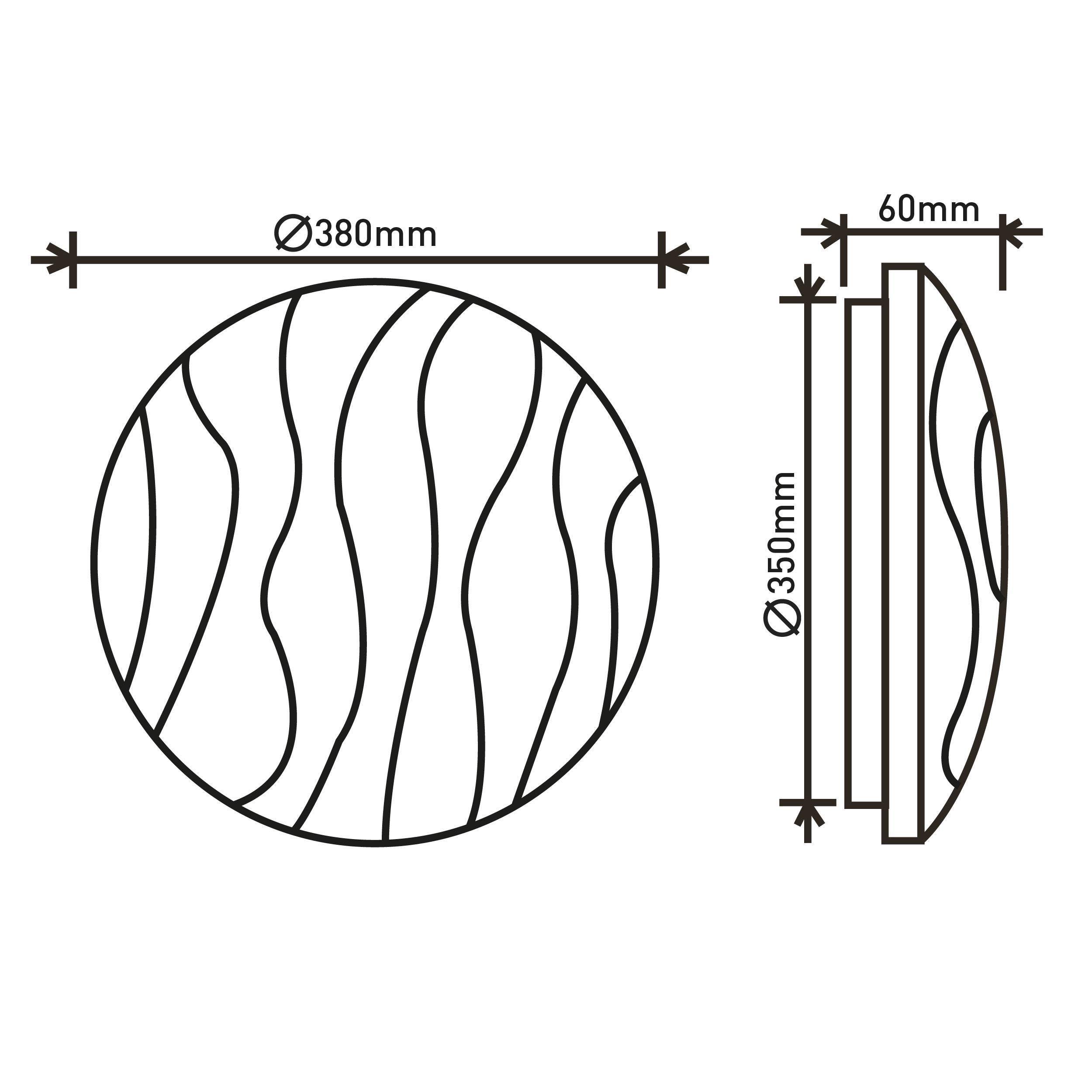 Diagramm eines Holzkreises mit wellenförmigen Linien und Abmessungen. Seitenansicht zeigt Dicke.