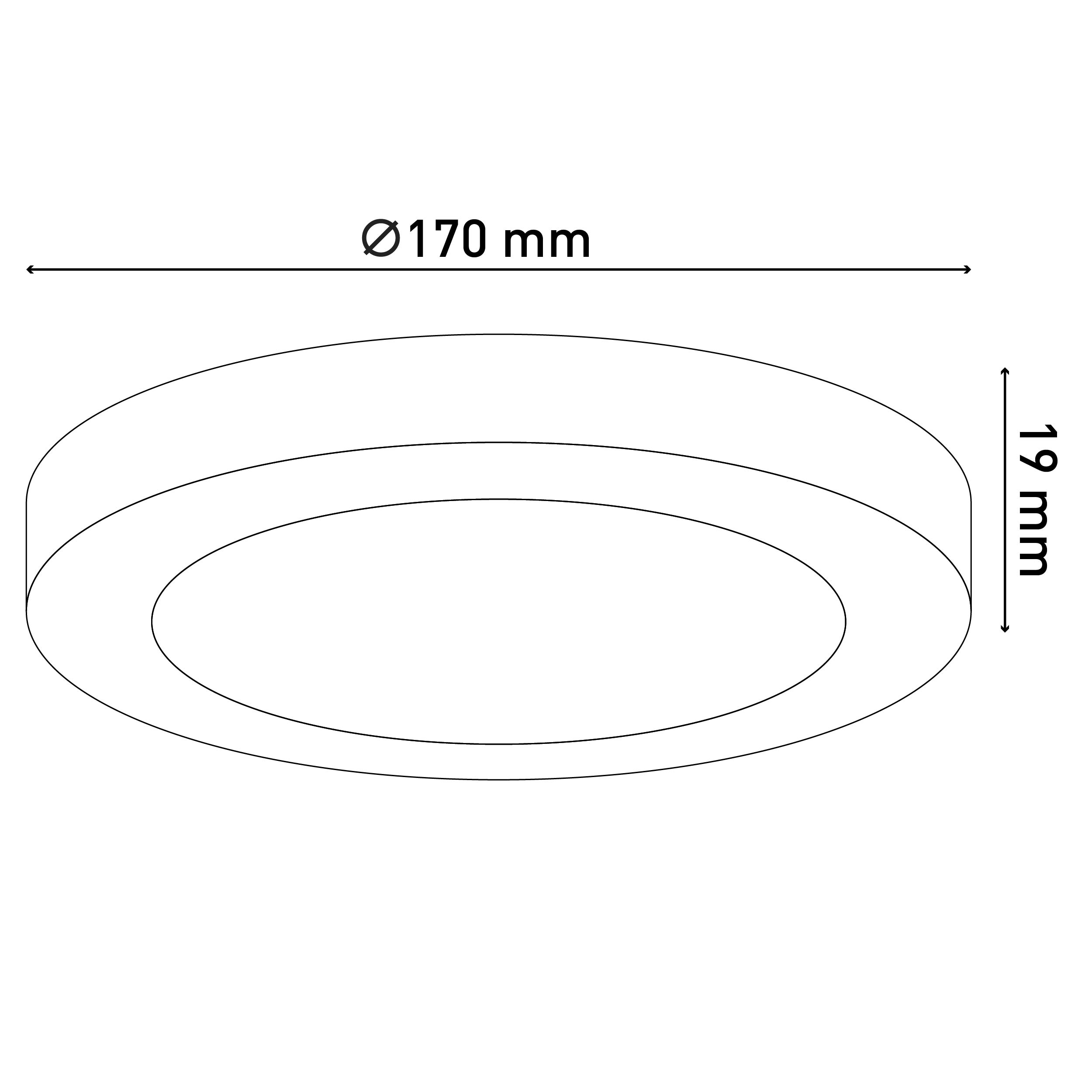 Ein rundes LED-Panel mit Abmessungen. Der Durchmesser beträgt 170 mm, die Dicke 19 mm.