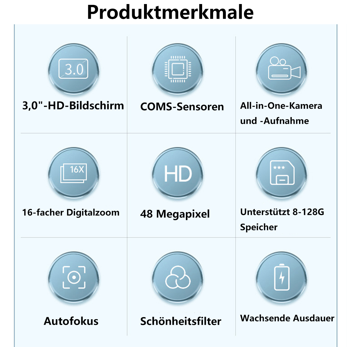 Eine Tabelle mit Symbolen und Text zur Beschreibung der Produktmerkmale auf Deutsch.
