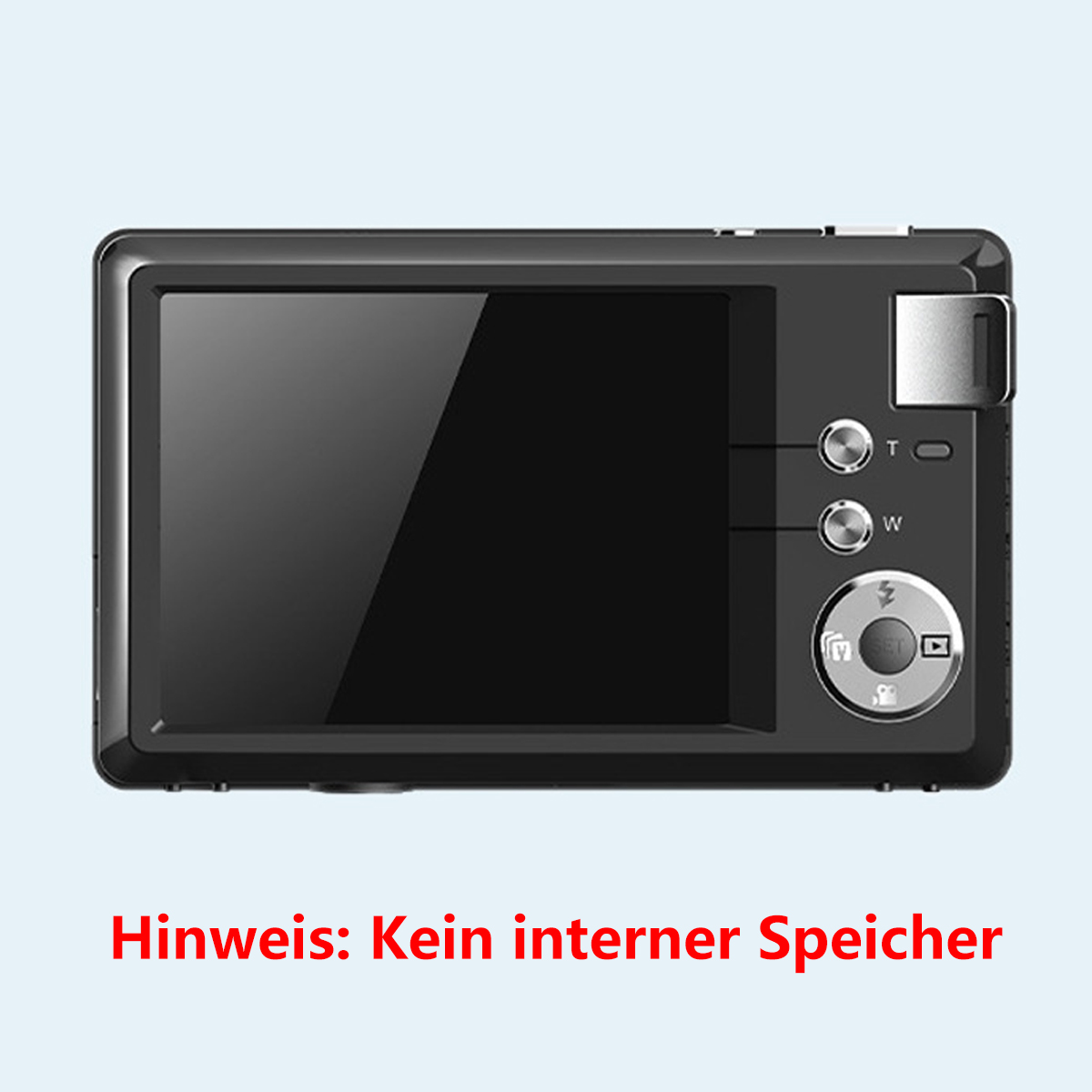 Schwarze Digitalkamera mit Bildschirm. Die Kamera hat roten Text.