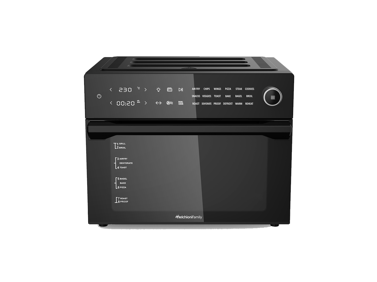 Czarny, wielofunkcyjny piekarnik z frytkownicą powietrzną z cyfrowym wyświetlaczem i panelem sterowania na białym tle.