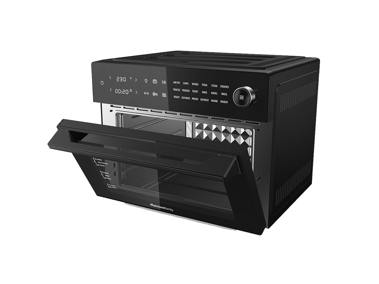 Czarny piekarnik z frytownicą powietrzną z otwartymi drzwiami, panelem sterowania i opcjami.