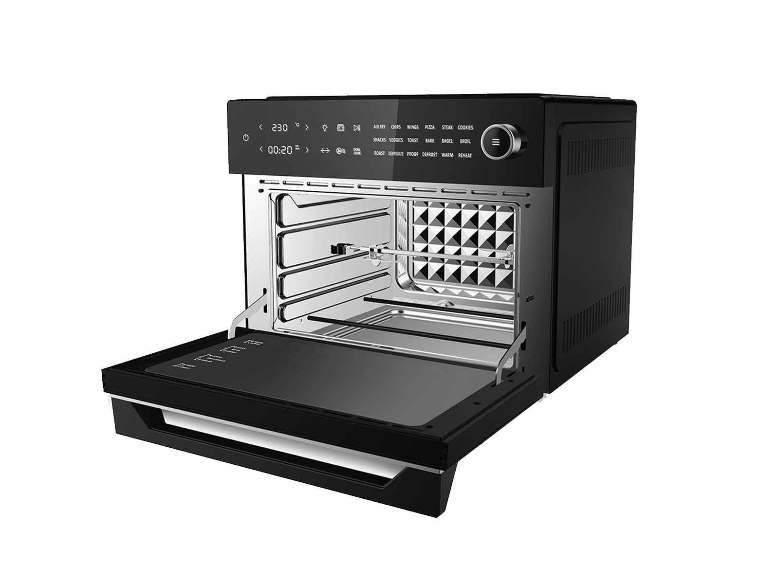 Czarna frytkownica beztłuszczowa, otwarte drzwi. Wnętrze z elementami grzejnymi i rusztami.