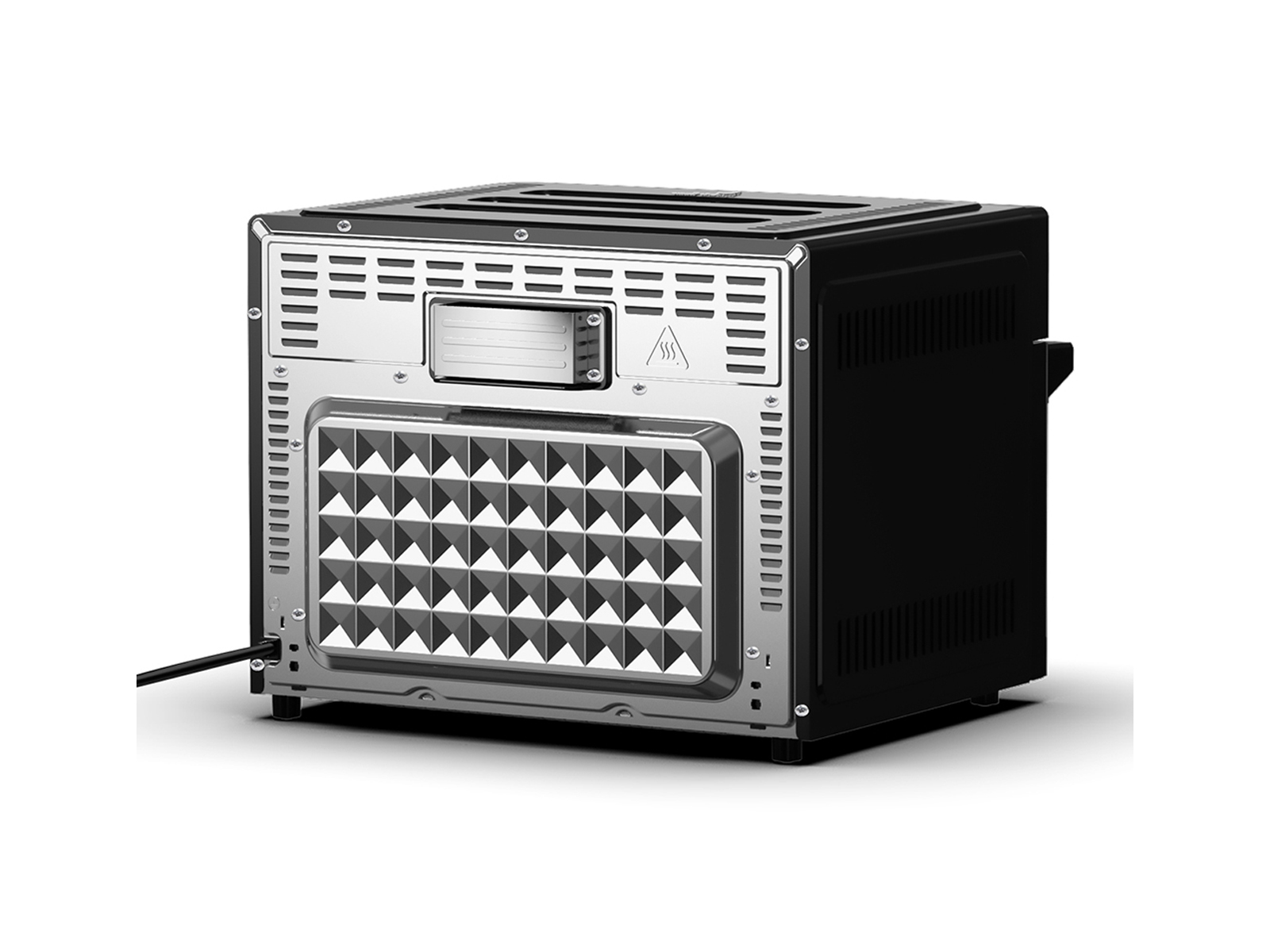 Czarno-srebrny toster, widok z tyłu, z wentylacją i dnem w romby.