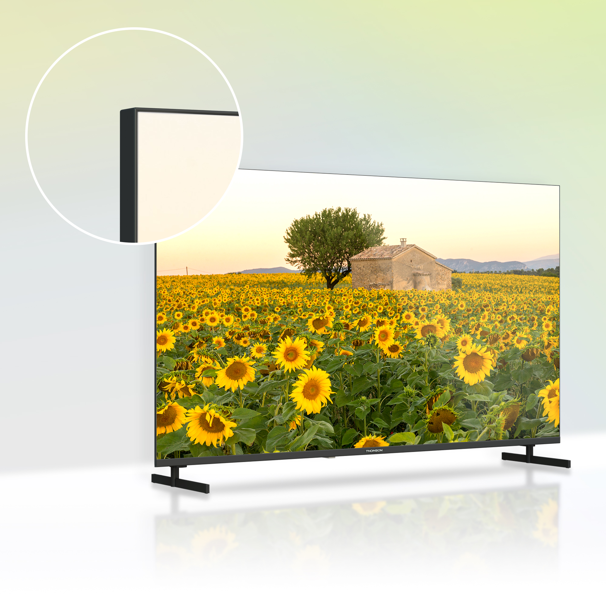 Televisor de pantalla plana grande con una escena de campo de girasoles.