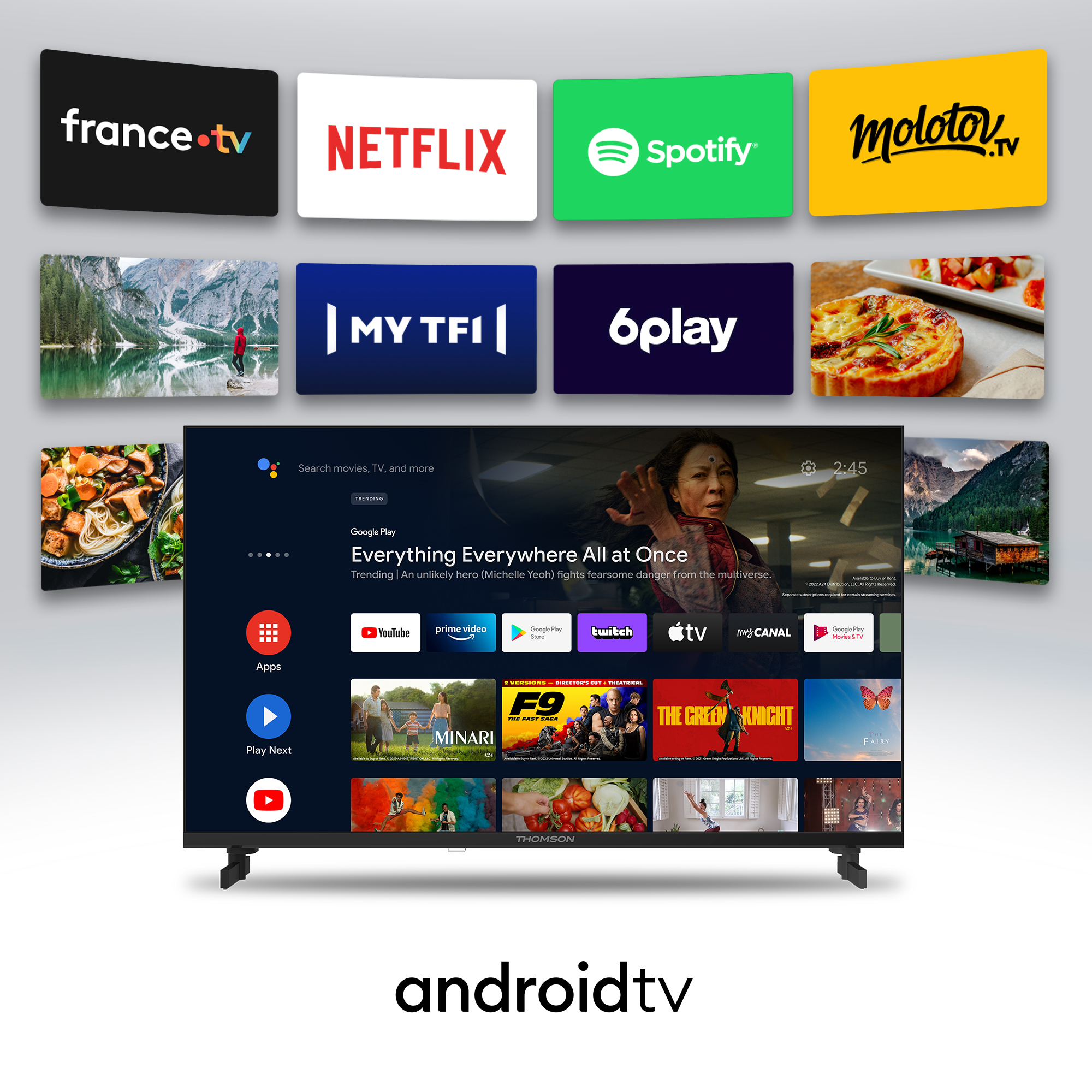 Un televisor muestra una interfaz de servicio de transmisión con varios iconos de aplicaciones.