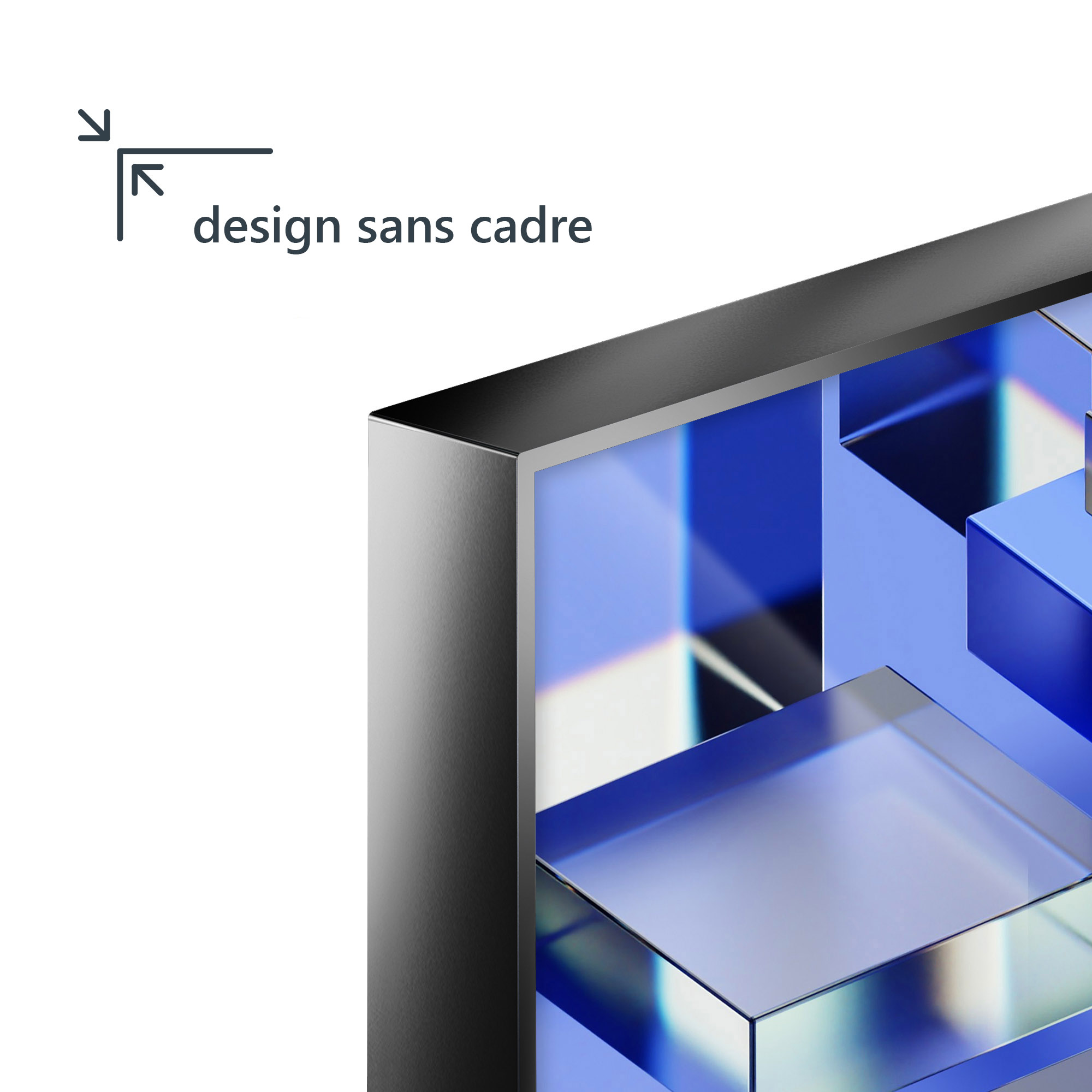 Zbliżenie rogu ramy telewizora z tekstem 'design sans cadre'.