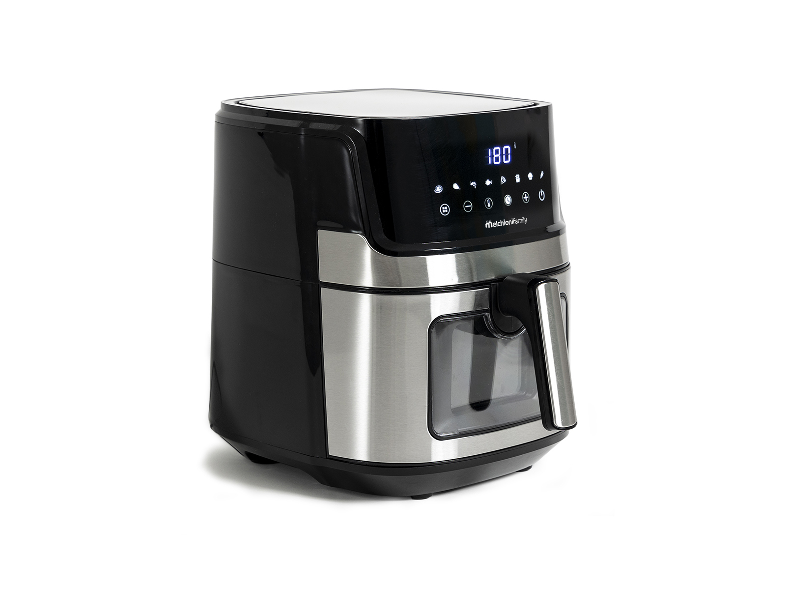 Czarna frytownica powietrzna z panelem przednim ze stali nierdzewnej i wyświetlaczem cyfrowym.